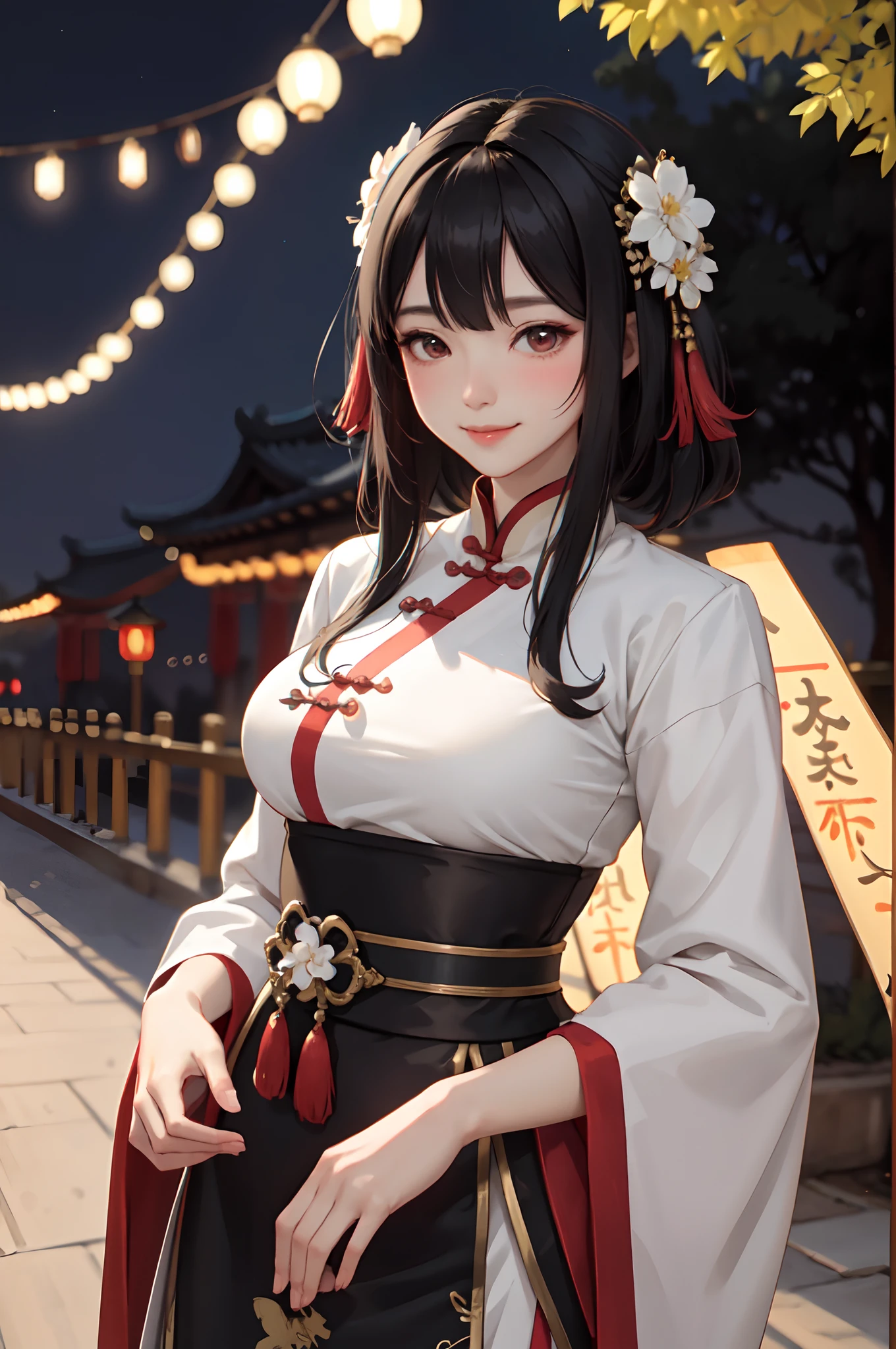 1lady solo, hanfu, mature female, /(black hair/) bangs, blush kind smile, (masterpiece best quality:1.2) delicate illustration ultra-detailed, large breasts BREAK /(streets of China/) night