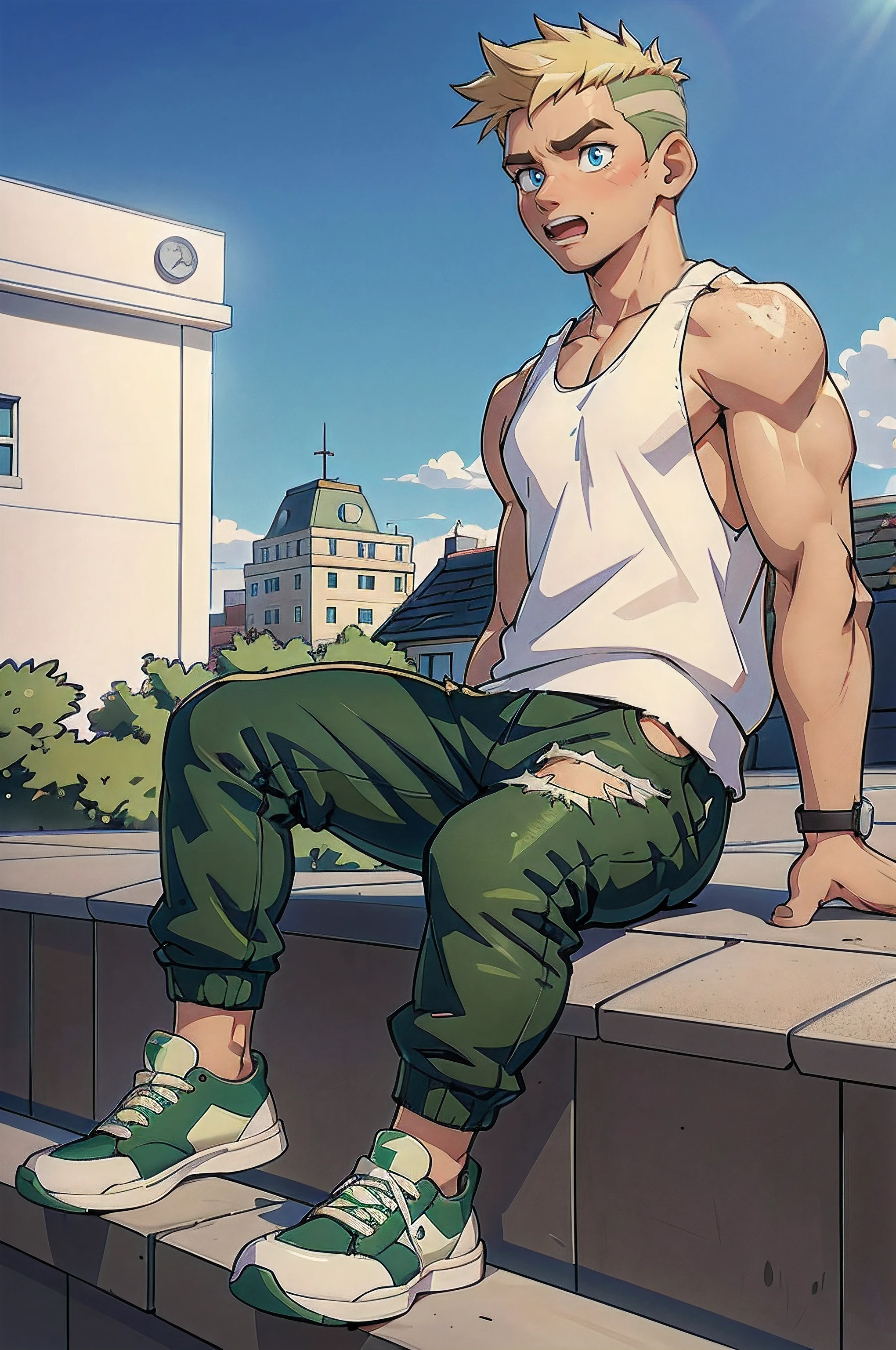 (Best quality:1.5), (Ultra Highres) (2.5D). (Name: Mike Thompsson), (Character model), (Character sheet), (Clothing: White tank top with a green sweatshirt), (Age and gender: -yeld bo (Pants: Torn jeans), (Shoes: Sneakers), (Expression: Nervous and angry and open mouth for talking to himself), (Position: Sitting and alone), (Hair: Blonde Undercut punk), (Eyes: Green), (Facial details: Freckles), (Angle: All angles), (Location: Roof of the school)..