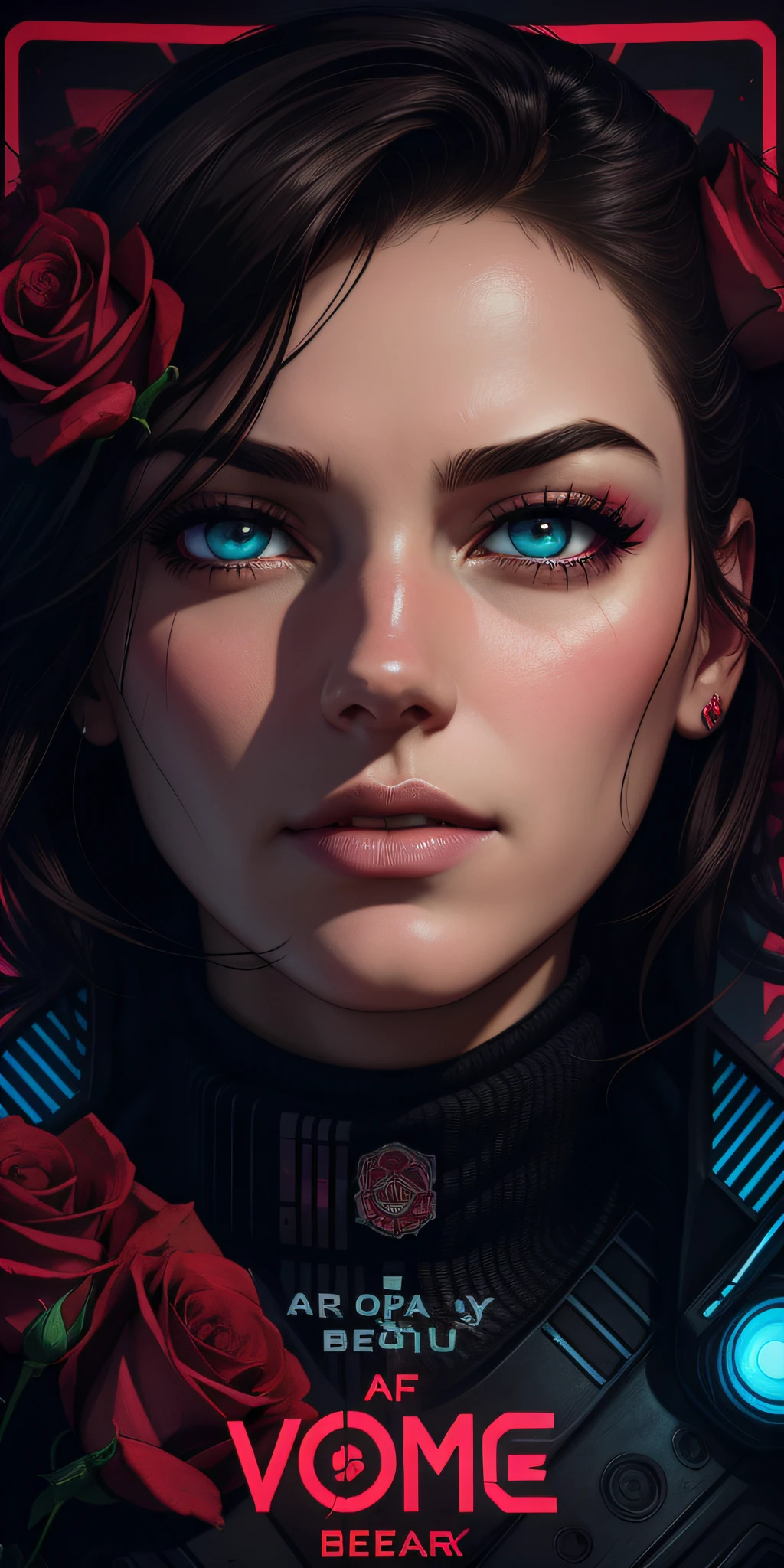 a poster of a woman's face with roses around her eyes and the words bearale on it by Shepard Fairey(cyberpunk) (neon)