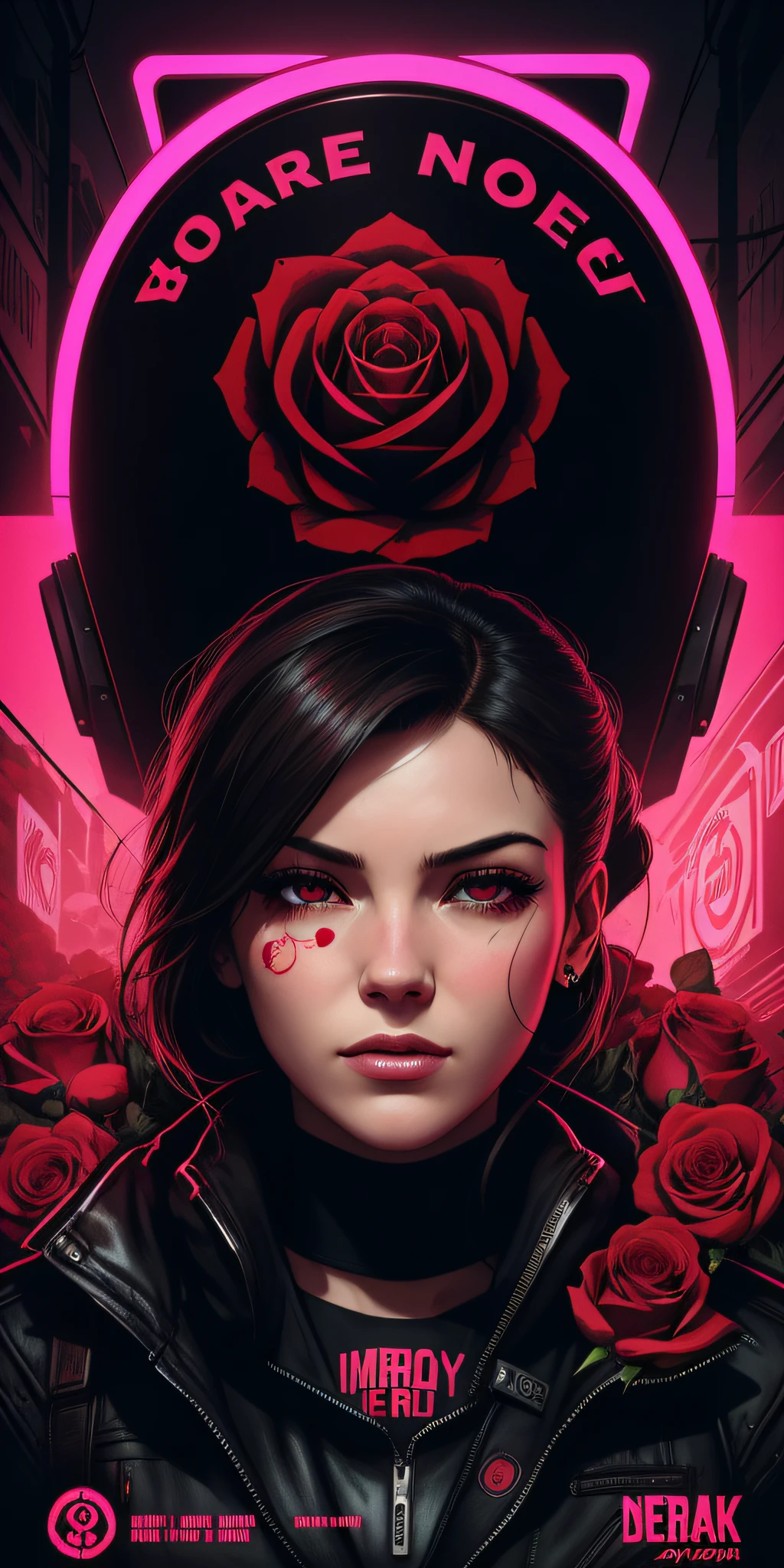 a poster of a woman's face with roses around her eyes and the words bearale on it by Shepard Fairey(cyberpunk) (neon)