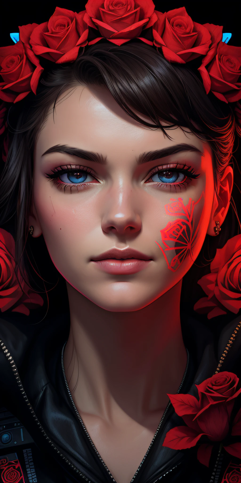 a poster of a woman's face with roses around her eyes and the words bearale on it by Shepard Fairey(cyberpunk) (neon)
