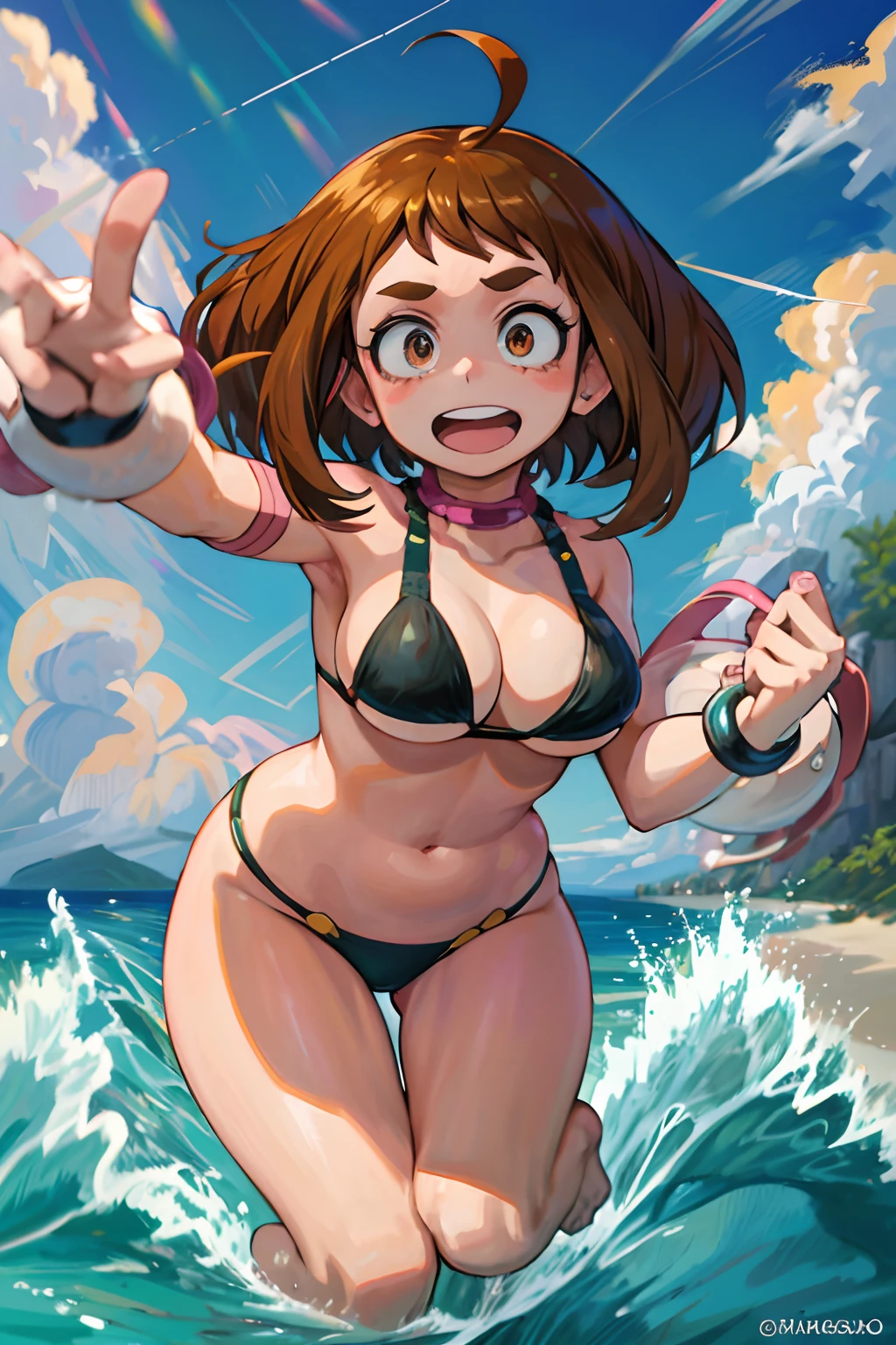 Ochako Uraraka, my hero academia, na praia, micro bikini , middlebreasts, seio escapando do bikini,