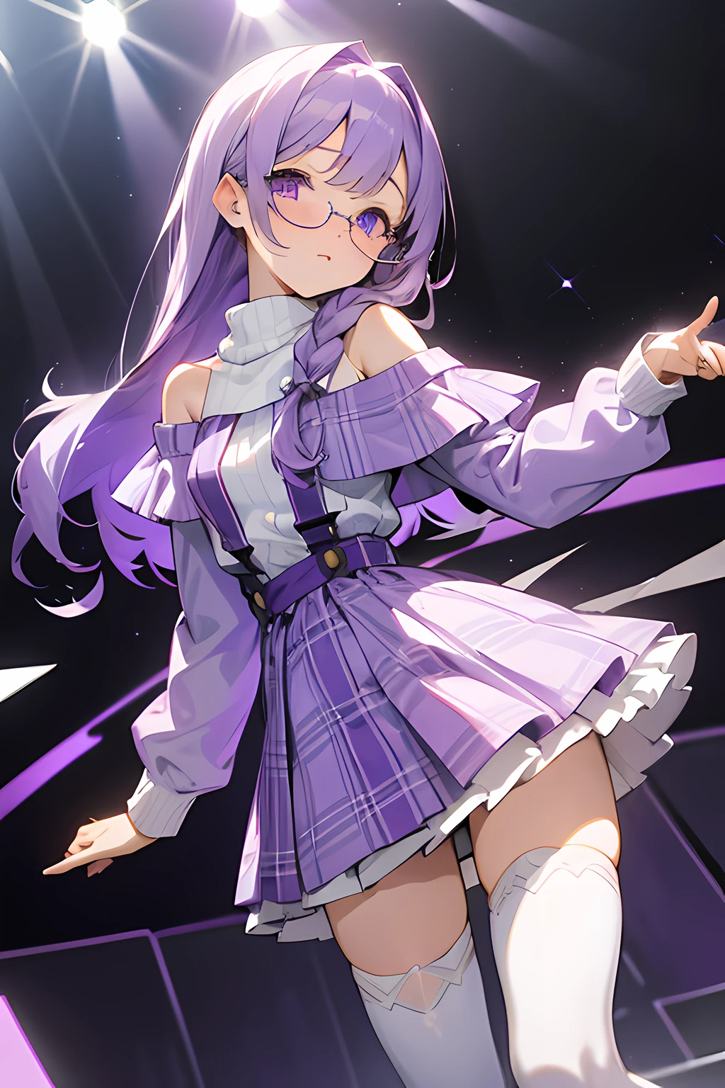 1girl, lavender flowy modern hair with lilac crossed over bangs, sparkling lavender eyes, white glasses, white skin, wearing pastel purple striped long sleeve, purple plaid off shoulder, short light purple skirt with thigh high white socks, white scarf, on stage, looking at viewer