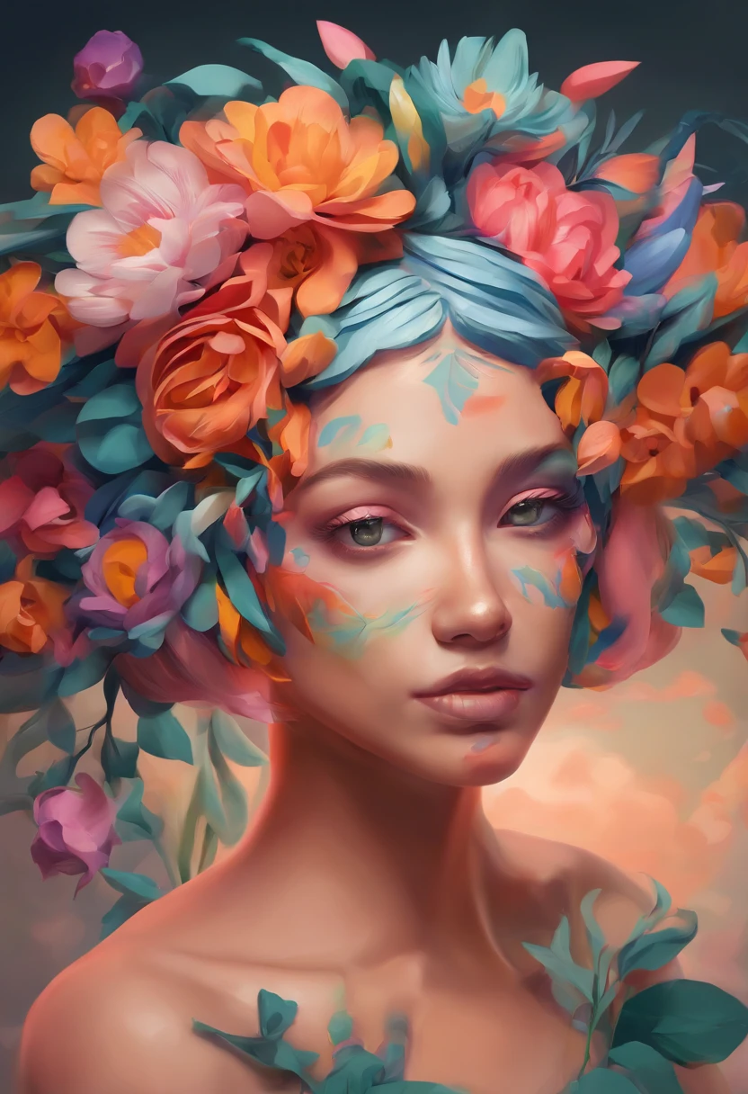 Close-up of a girl with flowers in her hair, trending on artstration, girl with a flower face, glossy digital painting, Digital painting style, Beautiful digital illustration, Mysterious look. rich and vivid colors, beautiful digital painting, beautiful digital art, stunning art style, [ 4 K digital art ]!!, high quality digital painting, high quality portrait