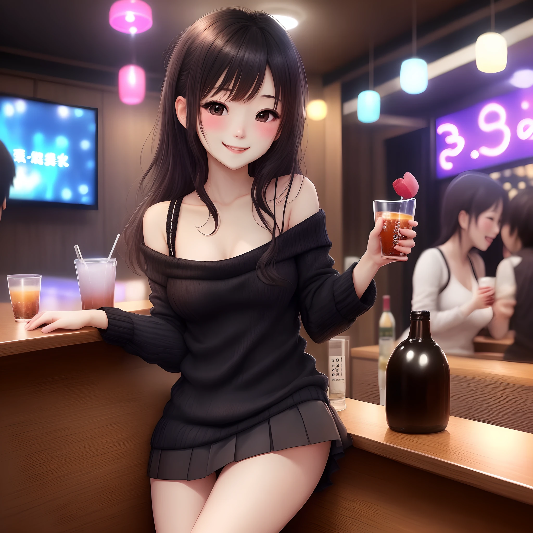 1人、girl with、japanes、２５age、Dark Karaoke Bar、Sexy black knitted sweater、Shoulder out、You can see the bra laces、a short skirt、white panty、Banzai、Drunk、blushing、Cute、seductiv、Smiled、