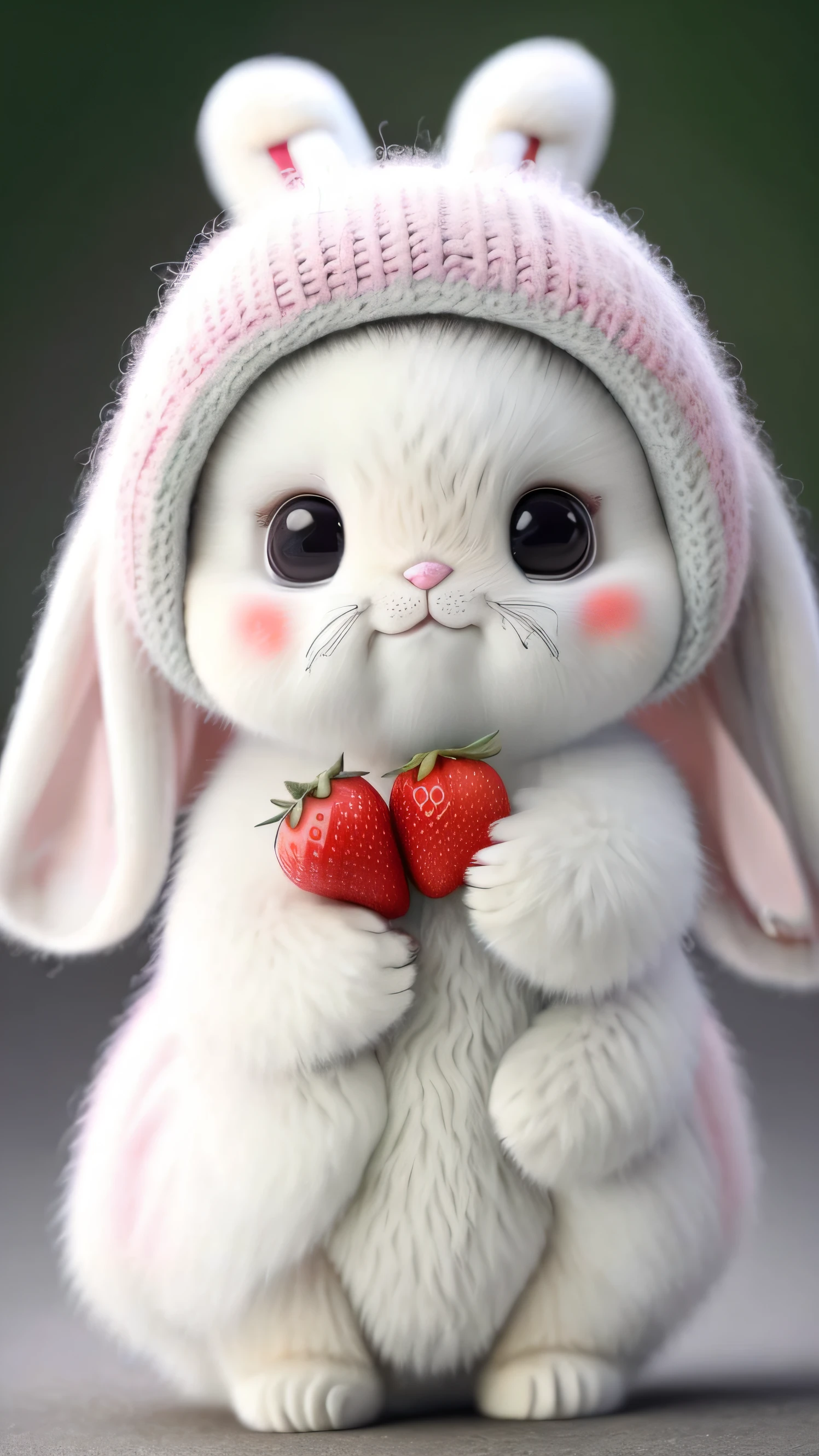 : 3. bunny, realistic, furry animal, apple, black eye, blush, cherry, food, fruit, full body, hat, non-human, strawberry, tomato, watermelon