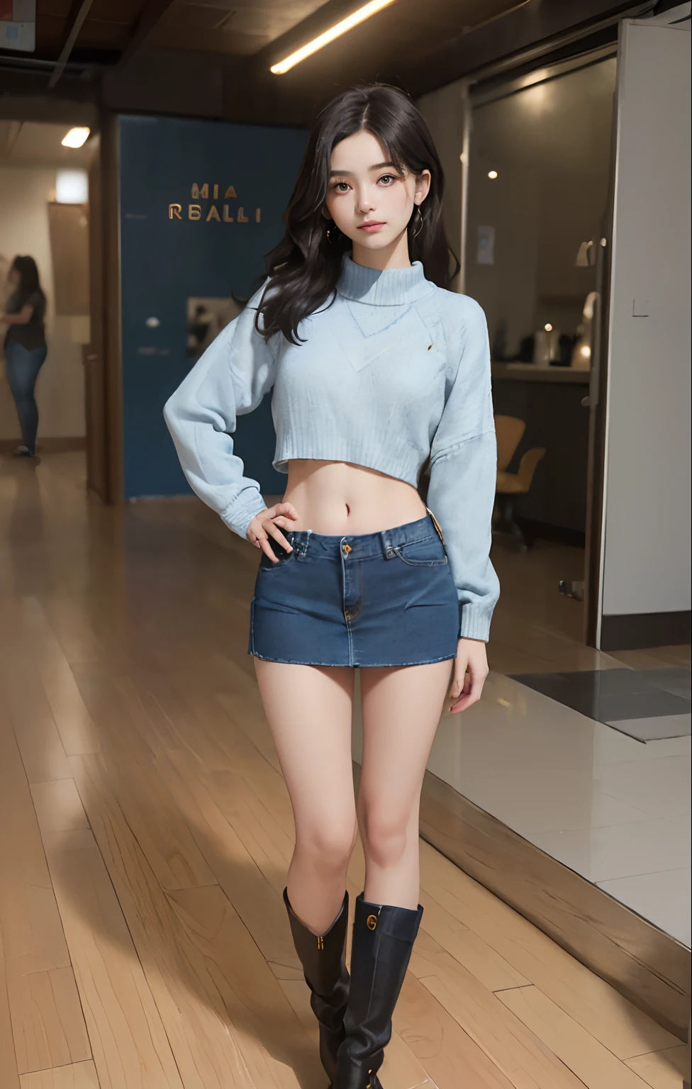 ((masuter piece:1.3)、(8K、Photorealsitic、Raw photography、top-quality: 1.4)、(1girl in)、Beautiful expression、(Lifelike face)、(A dark-haired、long)、 Beautiful hairstyle、realisticeyes、Beautiful details、（real looking skin）、Beautiful skins、absurderes、enticing、超A high resolution、A hyper-realistic、high-detail、the golden ratio、 ((wide open abdomen))、((open abdomen))、((wide open navel))、((open navel))、((Bare belly))、((Mid-Riff Sweater))、((Ultra-low rise、Denim Mini Skirt))、 ((Navel Ejection))、((small hips))、((long limbs))、((Full body depiction))、((small  hip))、(boots)、((Ultra-low rise))、((Denim Mini Skirt))、((is standing))、