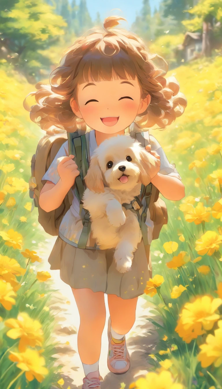 Tip: A very charming ,Carrying a backpack and her cute puppy,Enjoy a lovely spring outing,Surrounded by beautiful yellow flowers and nature. The illustration is a high-definition illustration in 4K resolution, featuring highly detailed facial features and cartoon-style visuals.