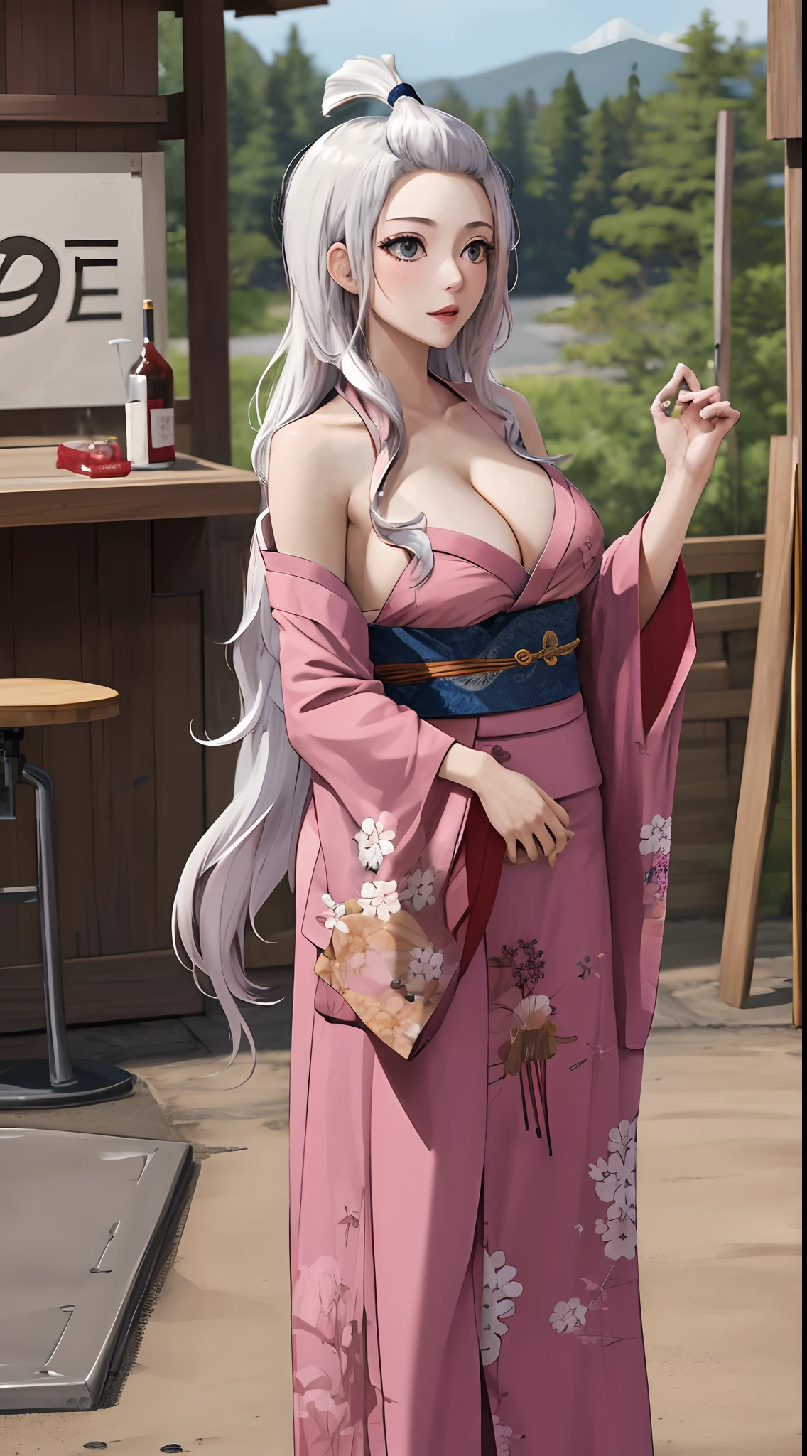 masterpiece, best quality, highres, Amira, long hair, bangs pinned back, topknot, large breasts,wearing kimono, cleavage, cowboy shot, standing, outdoors, bar, shy,