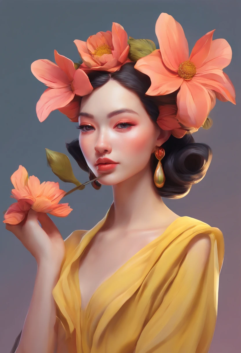 a close up of a woman with a flower in her hair, trending on artstration, girl with a flower face, glossy digital painting, Digital painting style, Beautiful digital illustration, A shy look. rich and vivid colors, beautiful digital painting, stunning art style, beautiful digital art, [ 4 K digital art ]!!, high quality digital painting, high quality portrait