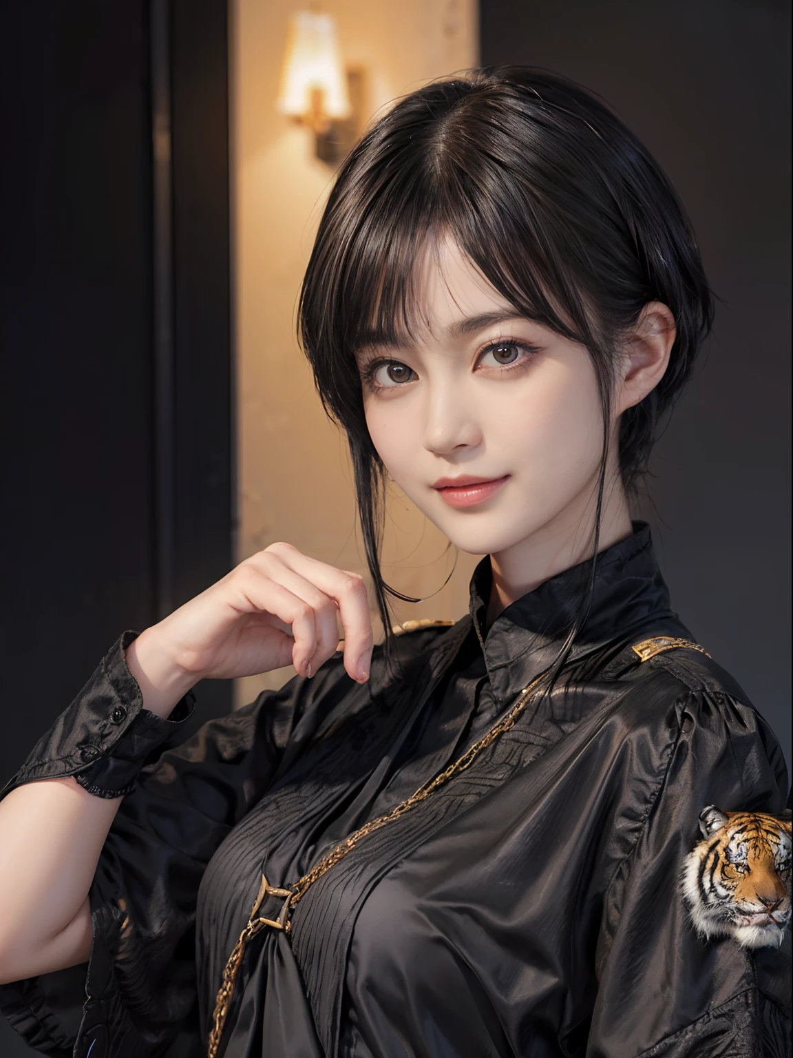 03
(Black Shorthair:1.3), (a 20 yo woman), (A hyper-realistic), (masutepiece), (8KUHD), Looking at the camera, Beautiful woman, A smile, (Tiger Design Clothing)