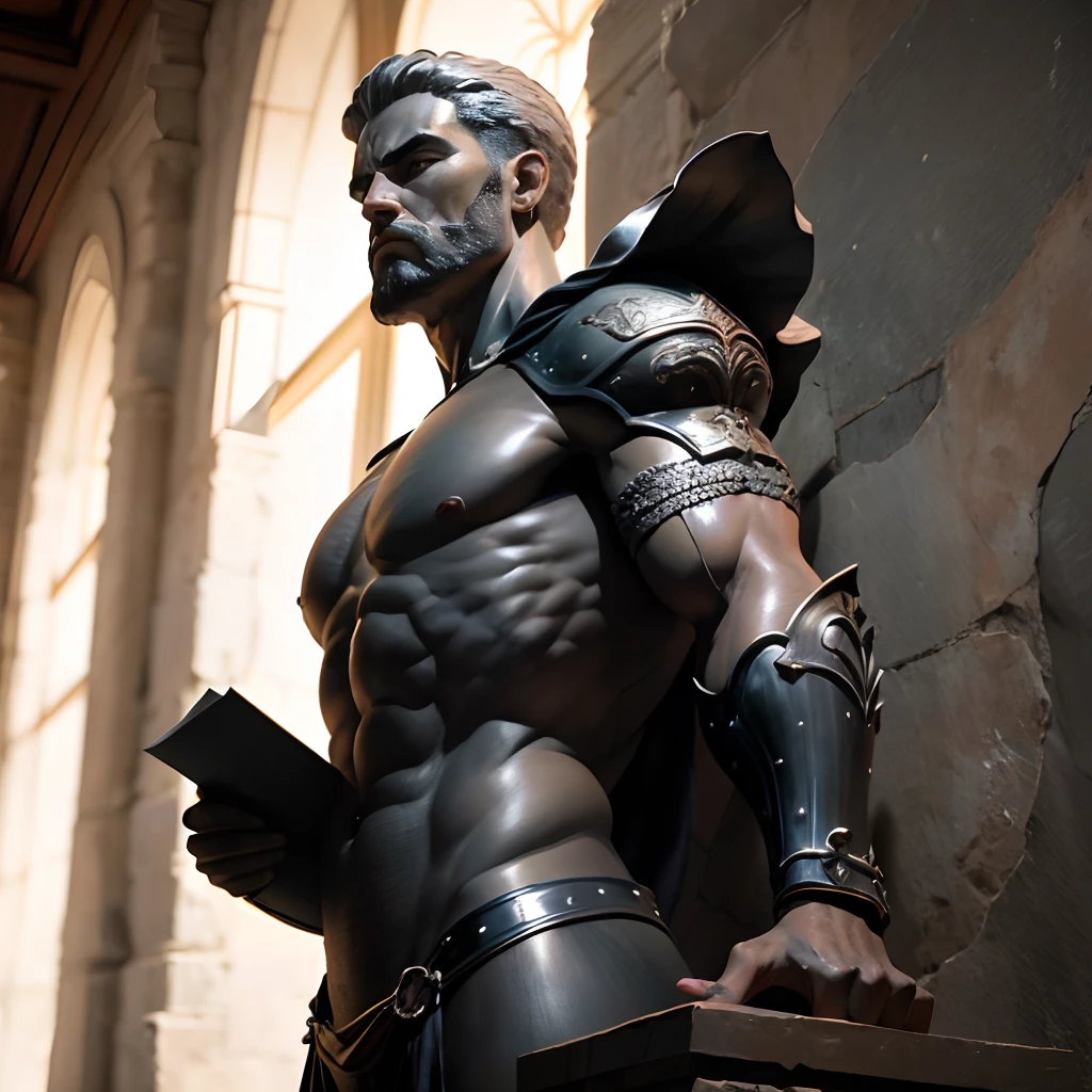 Man similar to statue of Mark Aurelius, cor negra, imagem escurecida, aparencia realista, side angle, semelhante a um guerreiro medieval, strong with impression of anger and hatred, obra-prima) (8k high resolution) (melhor qualidade) (Ultra Definition) (Ultra realista)(Foto RAW) (Foto realista) (imagem escuro) (Ton de cor escura no fundo da imagem e o personagem
