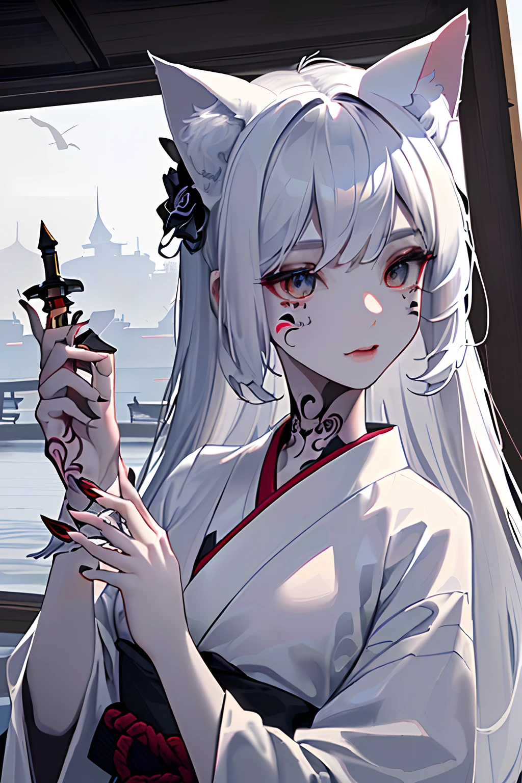 (Photorealsitic:1.3), ​masterpiece, top-quality, (intricate detailes:1.2), (landscapes:1.3), beautiful countenance, The image of a white cat(Black theme:1.3),
(((1girl in、Holding a dagger in your hand、Girl in patterned white kimono、(Take a look at Veiwer:1.3)、(face tattoos:1.2)、Cat's ears、
)))、full body Esbian