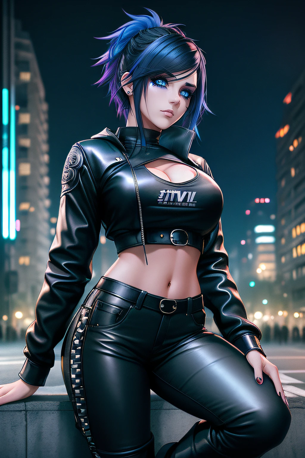 beautiful girl, full body, short bright blue dishevelled hair, black eyeshadow, (street style wear:1.2), ((tight fitted pants)), ((knee high leather boots)), (city night background:1.2), dark makeup, digital art, trending on artstation, highly detailed, fine detail, intricate, beautiful detailed glow, detailed, Cinematic light, high-res, detailed facial features, sharp focus, smooth, aesthetic,