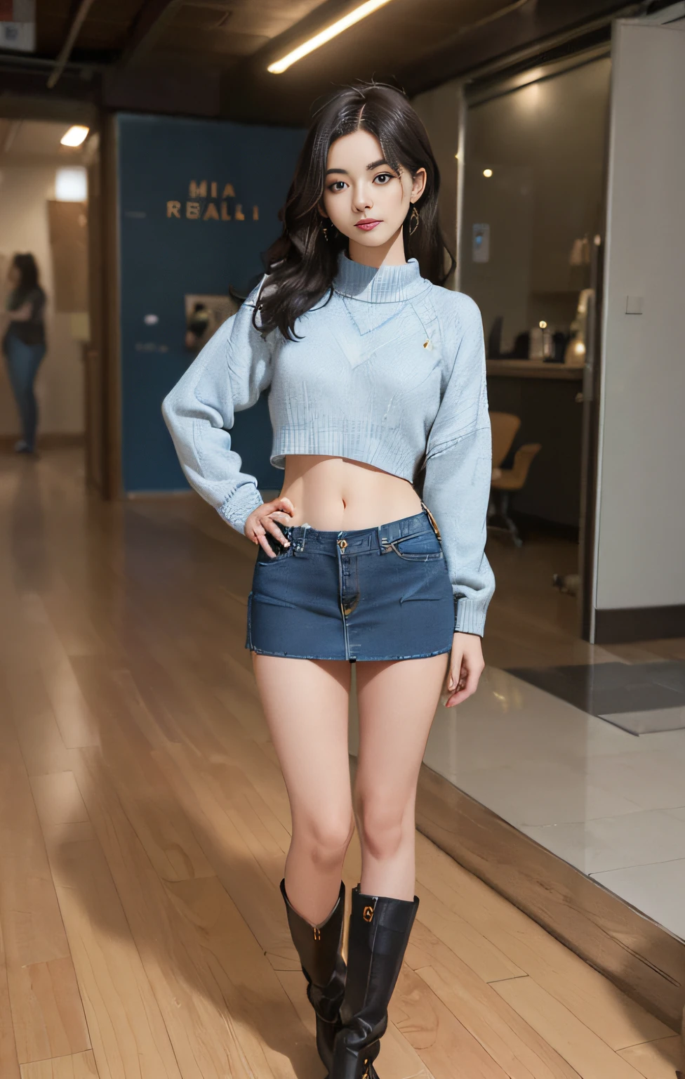 ((masuter piece:1.3)、(8K、Photorealsitic、Raw photography、top-quality: 1.4)、(1girl in)、Beautiful expression、(Lifelike face)、(A dark-haired、long)、 Beautiful hairstyle、realisticeyes、Beautiful details、(real looking skin)、Beautiful skins、absurderes、enticing、超A high resolution、A hyper-realistic、high-detail、the golden ratio、 ((wide open abdomen))、((open abdomen))、((wide open navel))、((open navel))、((Bare belly))、((Mid-Riff Sweater))、((Ultra-low rise、Denim Mini Skirt))、 ((Navel Ejection))、((small hips))、((long limbs))、((Full body depiction))、((small hip))、(boots)、((Ultra-low rise))、((Denim Mini Skirt))、((is standing))、