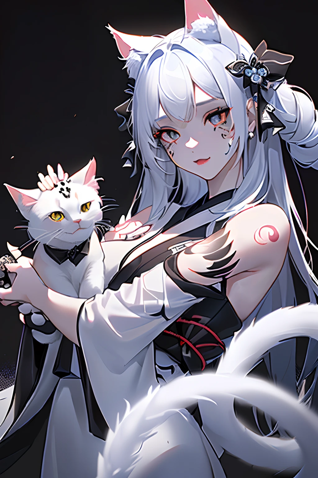 (Photorealsitic:1.3), masterpiece, top-quality, (intricate detailes:1.2), (landscapes:1.3), beautiful countenance, The image of a white cat(Black theme:1.3),
(((1girl in、Holding a dagger in your hand、Girl in patterned white kimono、(Take a look at Veiwer:1.3)、(face tattoos:1.2)、Cat's ears、
)))、full body Esbian