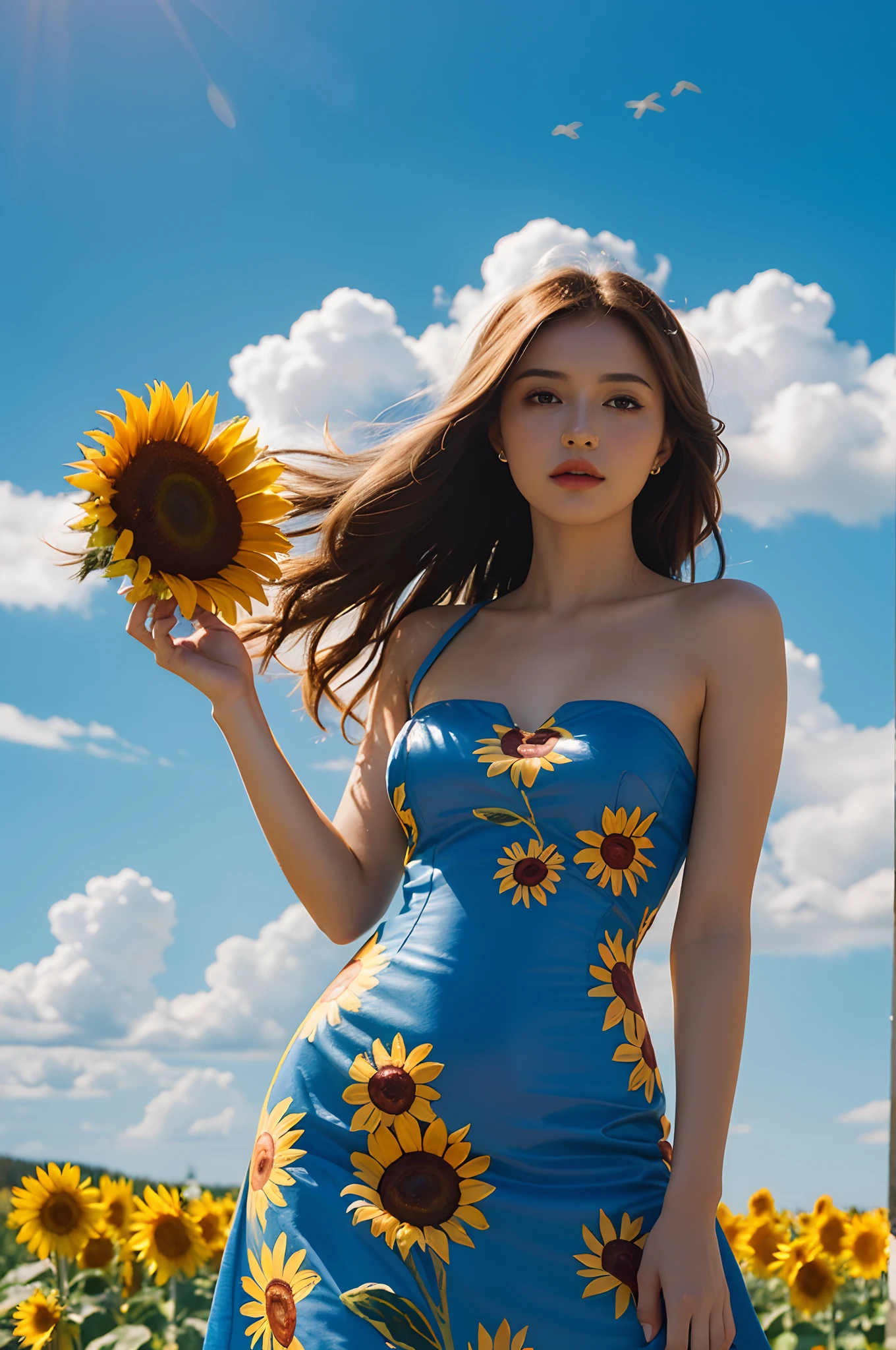 ultra detailed oil painting of a stunning woman in traditional outfit from Ukraine, surrounded by sunflowers, blue sky with summer clouds, hand-painted, art by MSchiffer, sharp focus, colorful, high contrast,