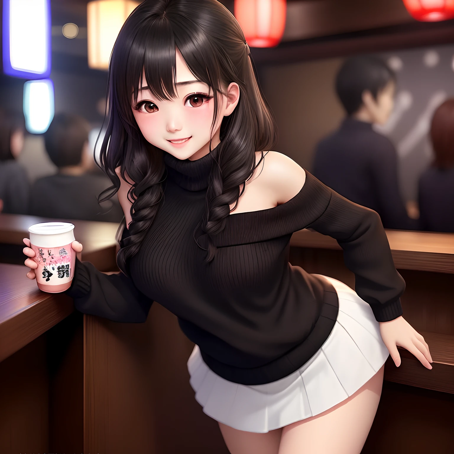 1 persons、girl with、japanes、25age、Dark Karaoke Bar、Sexy black knitted sweater、Shoulder out、You can see the bra laces、a short skirt、White panty、Banzai、Drunk、Blushing、Cute、seductiv、Smiled、