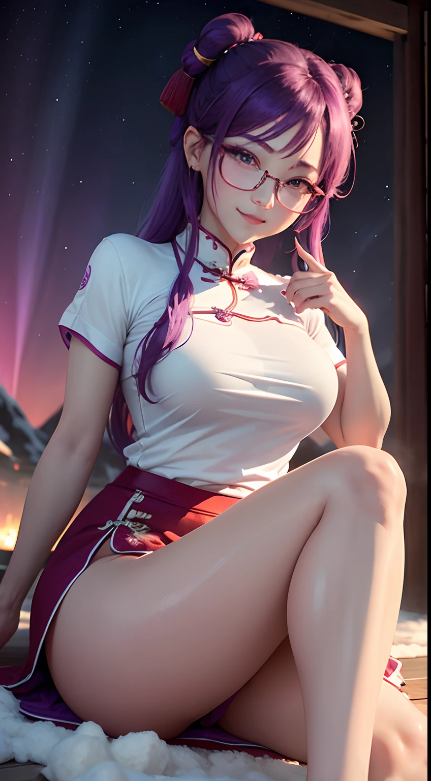 ((Chinese Idol))　Purple hair　eye glass　((white  shirt))and red enamel tight skirt　Sitting barefoot、Woman pointing the soles of her feet at the camera　sweaty and shiny face　sweaty and shiny skin　sexy smiling　((Aurora Borealis and the Great Snowfield))　Portrait　Looking at the camera　low angles　Soft lighting on the face