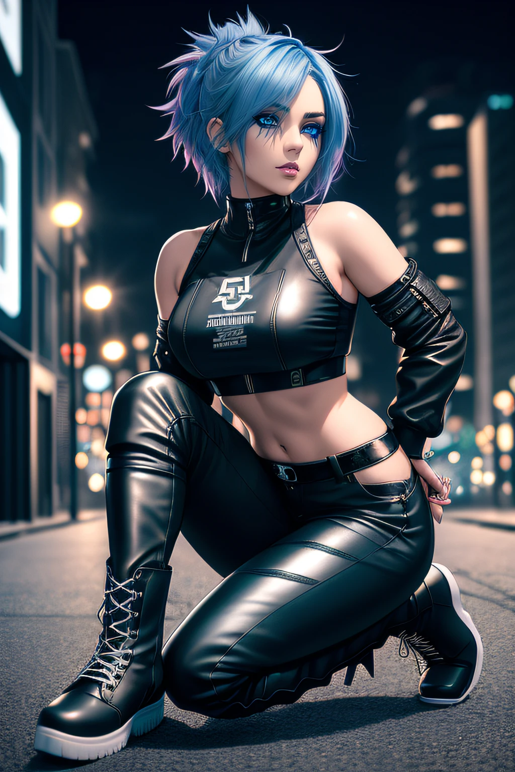 beautiful girl, full body, short bright blue dishevelled hair, black eyeshadow, (street style wear:1.2), ((tight fitted pants)), ((knee high leather boots)), (city night background:1.2), dark makeup, digital art, trending on artstation, highly detailed, fine detail, intricate, beautiful detailed glow, detailed, Cinematic light, high-res, detailed facial features, sharp focus, smooth, aesthetic,