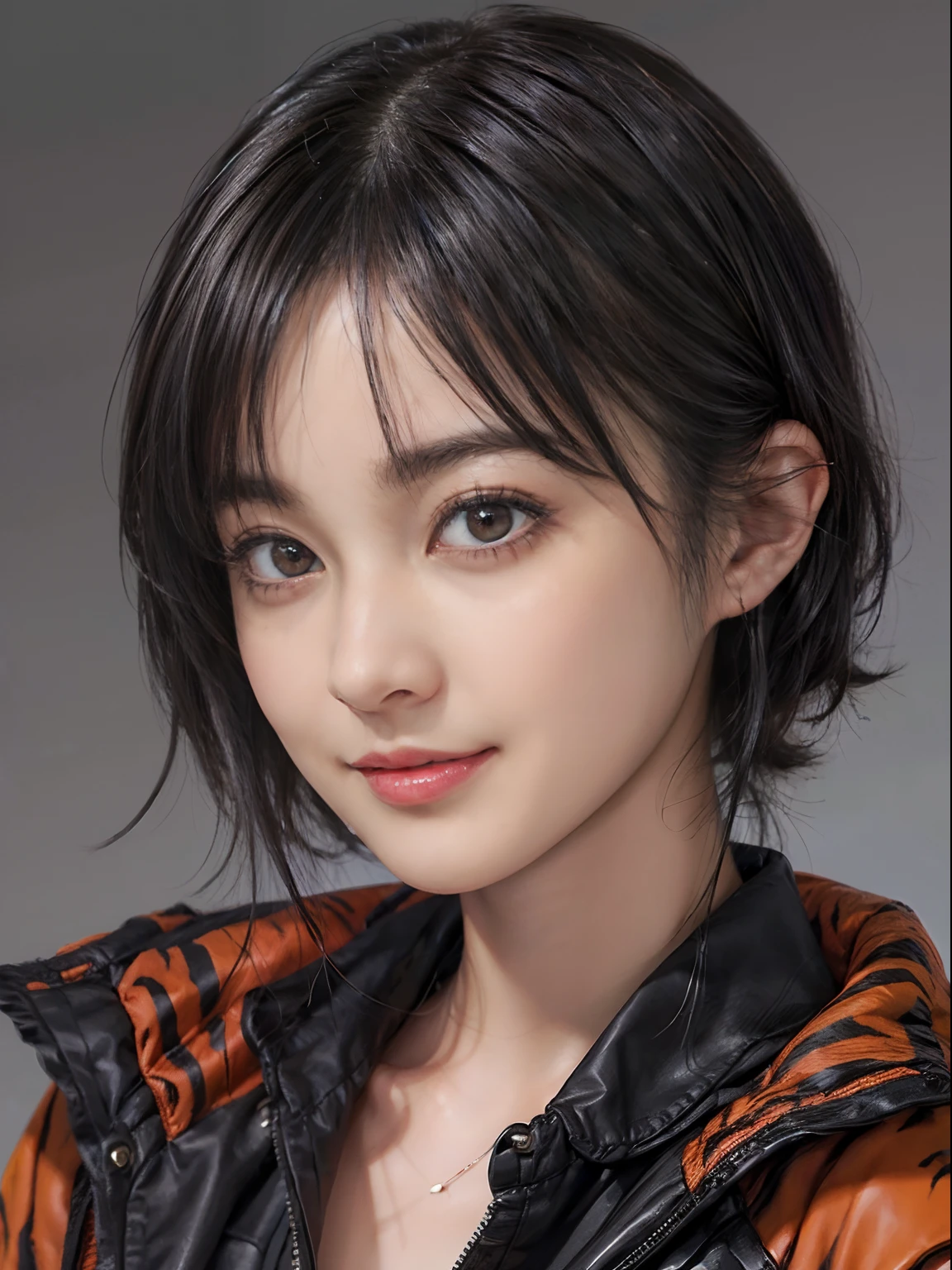 03
(Black Shorthair:1.3), (a 20 yo woman), (A hyper-realistic), (masutepiece), (8KUHD), Looking at the camera, Beautiful woman, A smile, (Tiger Design Clothing)