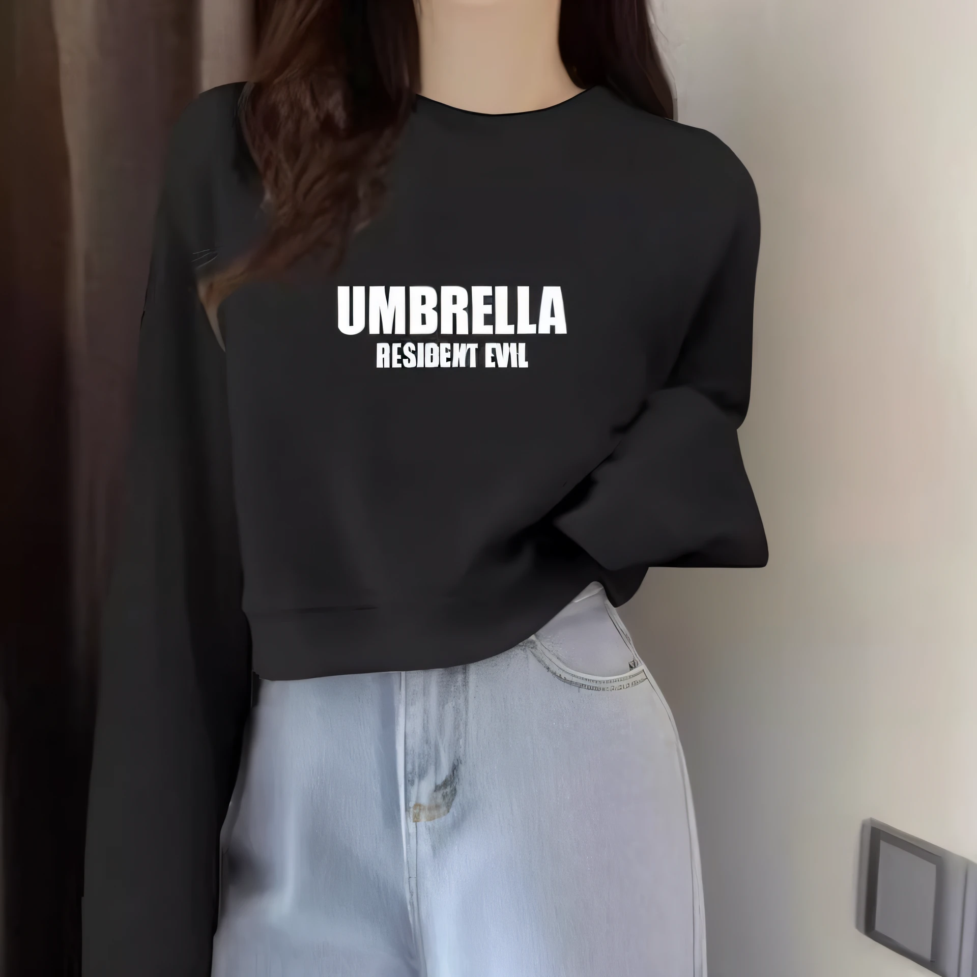 A woman in a white sweater,It says king, cropped wide sleeve, Cute casual streetwear, 2 0 2 0 fashion, white trendy clothes, Casual clothing, White sweater, V tuber, year 3022, Ruan cute vtuber, vibrant aesthetic, Long sleeves, casual clothing style, croptop, Casual clothes,Clothes are not changed