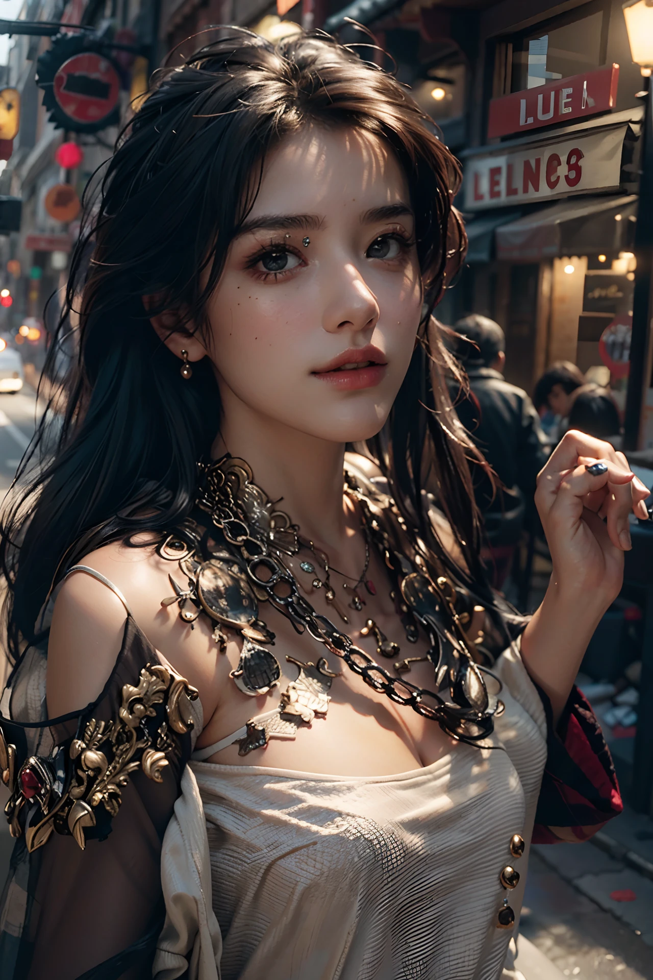 (nsfw), (Half Body Shot, Street lamp, moonlight), Masterpiece, One Girl, Solo Exhibitions, Enchanting Lady on a Bustling Street, Surrounded by Vendors, Elegant Goddess woman Portrait, Exquisite and Intricate Face, Ceramic-like Skin, ((Bust Shot, centered, night, Black Hair, Short Hair)), Extremely Soft Lighting, Symmetric, Complex, Gracious, Brilliant Attention to Detail, Realism, Art, Concept Art.