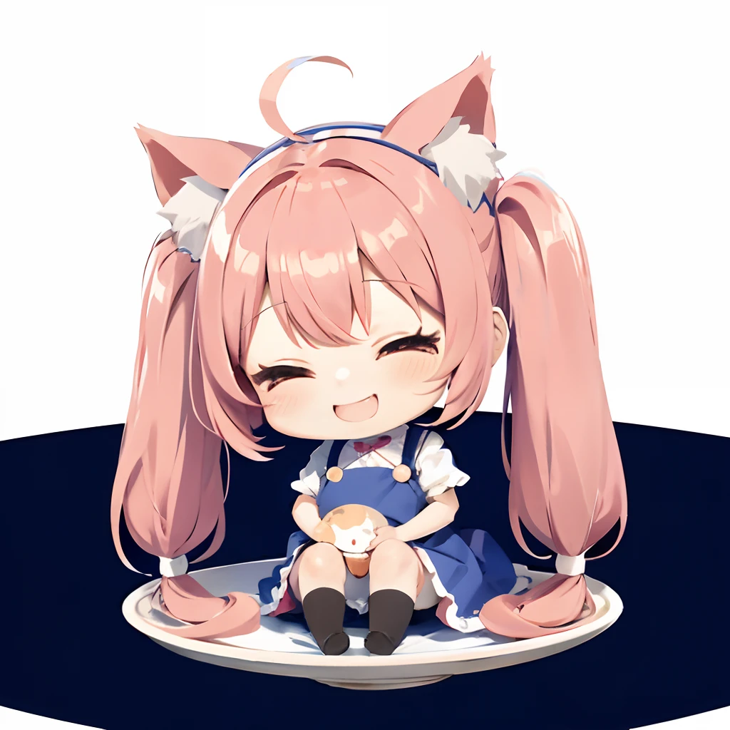 Cute chibi anime sitting on a plate, long pink hair with twin tails、I have cat ears、Wear a blue mini dress,In bright colors、suns、Distinct, bright colour、primary colours、、Smiling, animations、Holding your stomach and smiling、burst into laughter、Chibi Animation