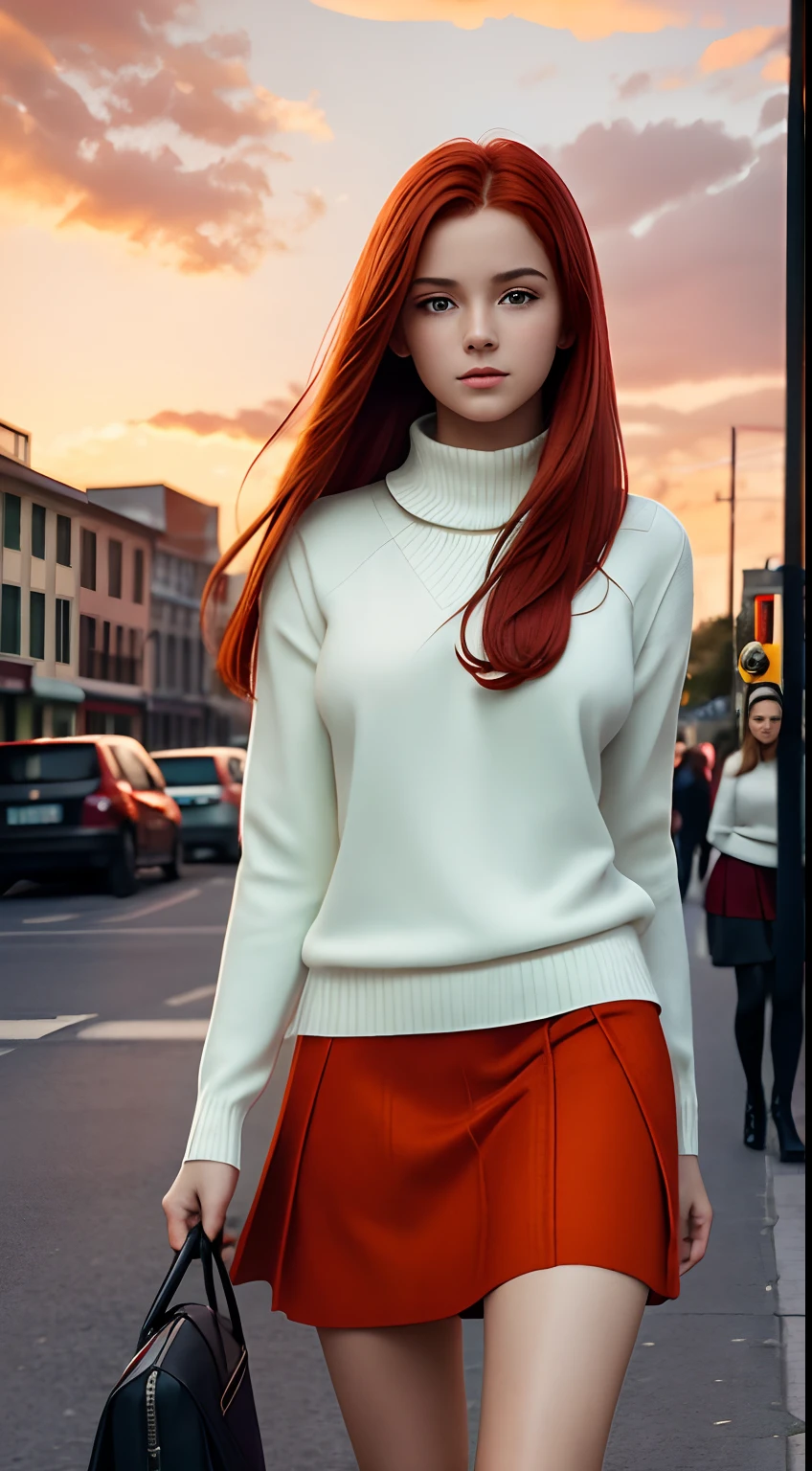 1 age girl walking down a pedestrian street in a futuristic city, realistic body, detailed hair, smooth skin, she has long red hair worn loose, she has a slight smile, light red lips, she is wearing a ((white polo-neck sweater)) and a ((woollen green skirt)), she is also wearing black boots, she has a black schoolbag, Steven Spielberg movie, backround has an orange and red colour palette, it is fall, it is early evening around sunset, there are a few clouds in the sky, photorealistic, photographic quality, 4k