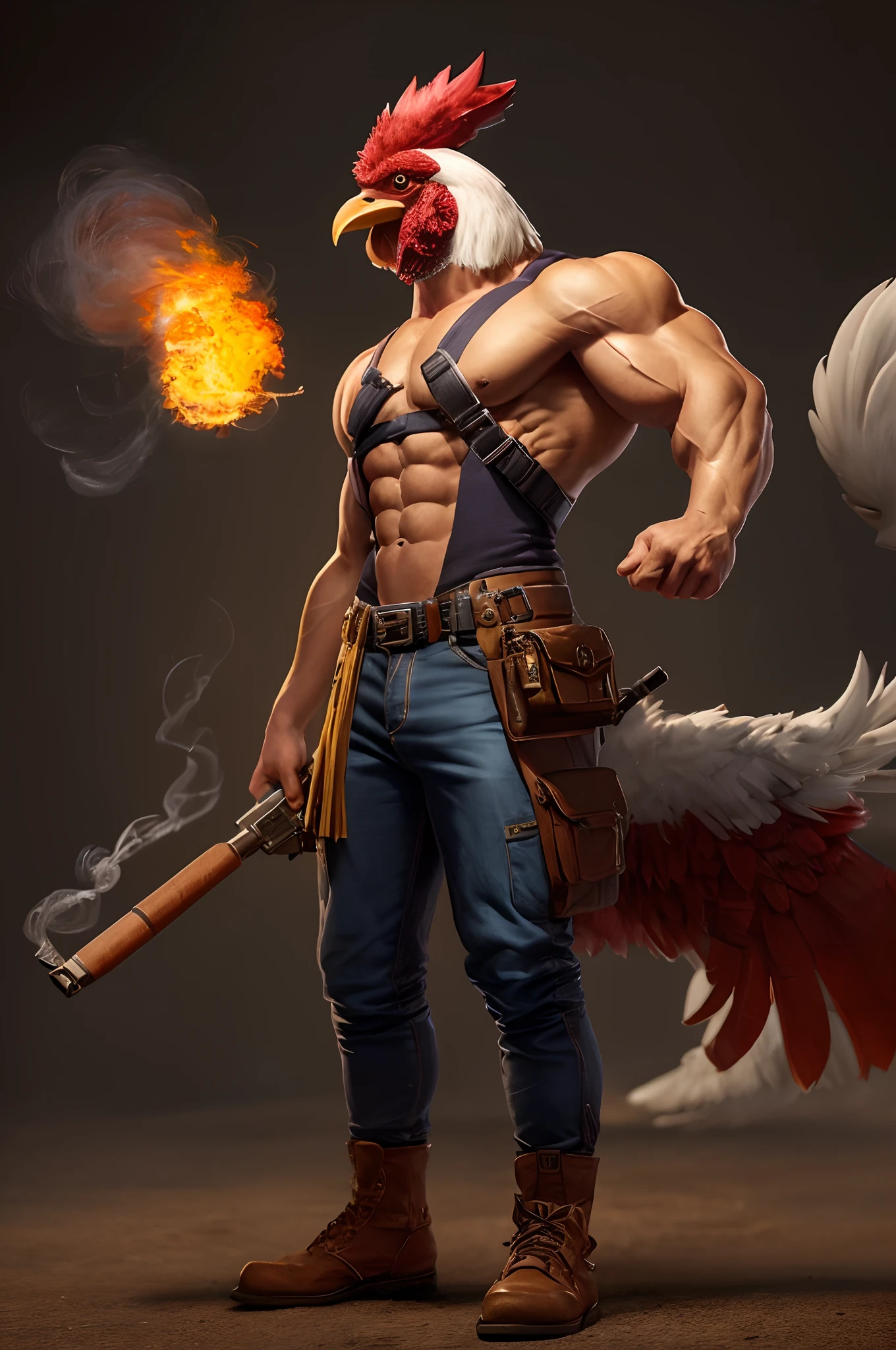 Araffe con una pistola y un gallo con la cabeza ardiente, Estilo de arte Duke Nukem, Arte del personaje La Contra, Epic character art, 3D render character art 8 k, epic digital art illustration, Personaje del juego de lucha, muscular male hero, Badass Anime 8K, Arte de personaje del juego, Ilustraciones de fondo, hero character art, Harry Nukem, Concepto de personaje de videojuego