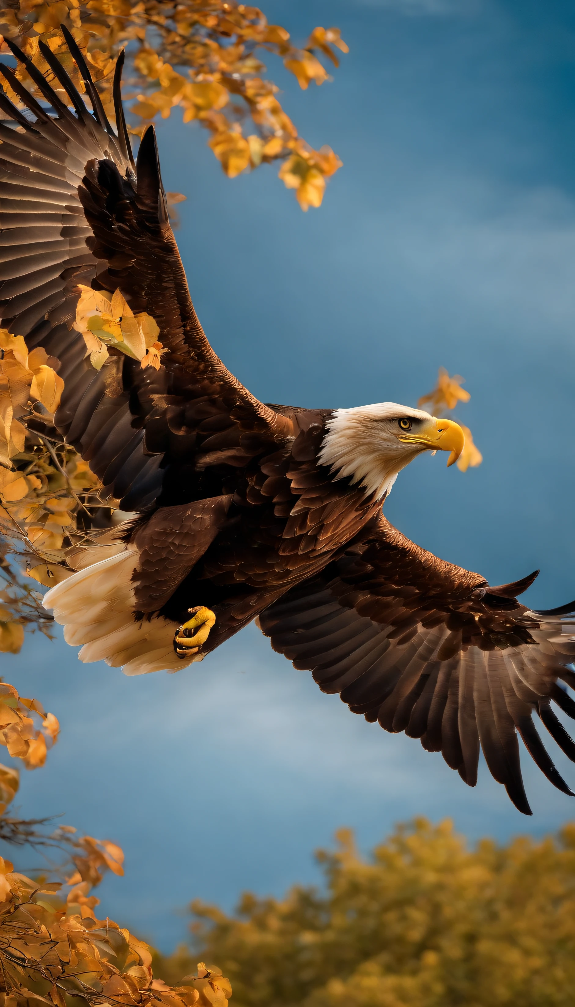 An eagle with spread wings,There is a beautiful tree next to it