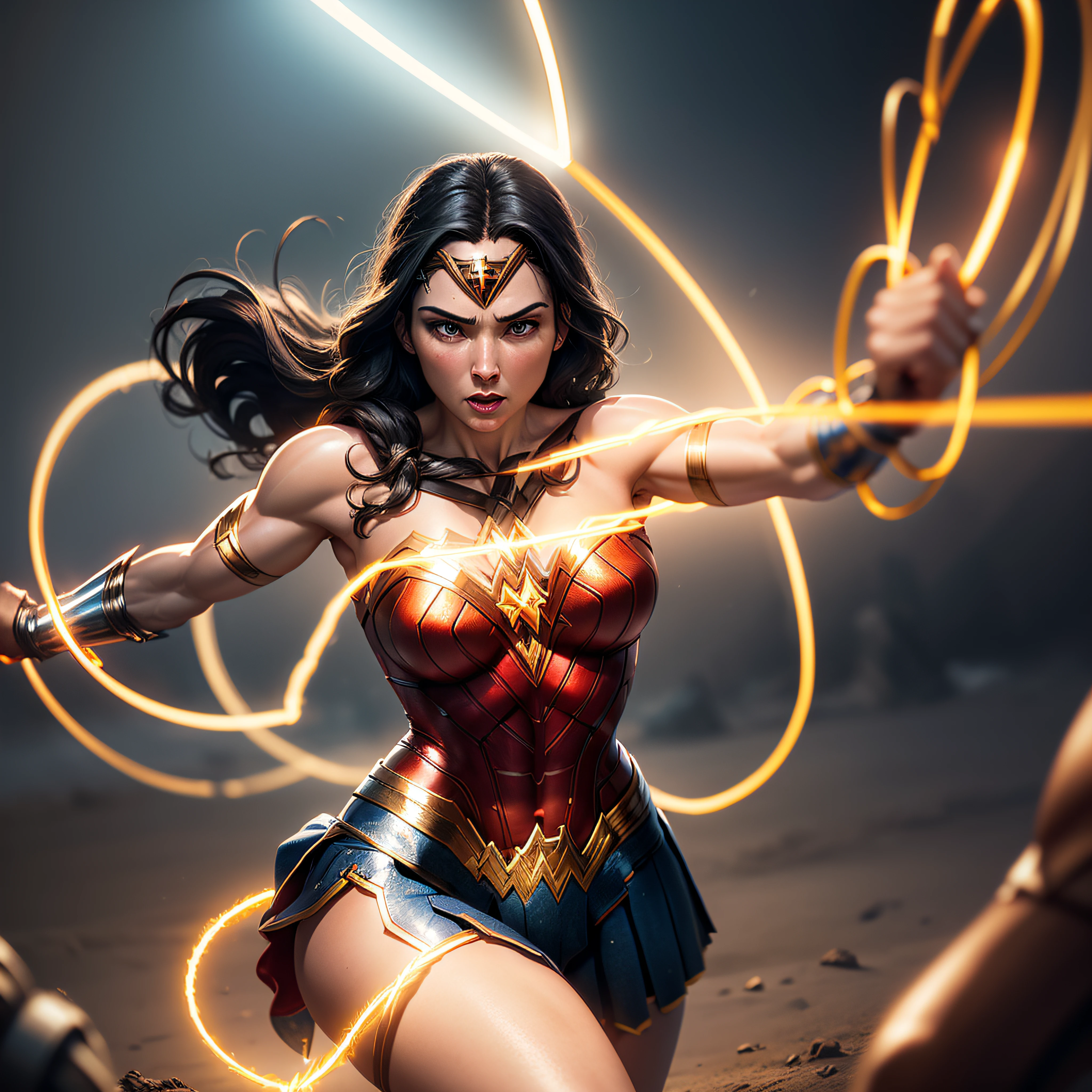 Wonder Woman with her (((glowing Lasso of Truth))), Muscular body, Battle pose, photo-realistic, octane render, unreal engine, ultra-realistic