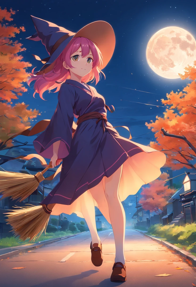 Full body Japan anime girl Halloween witch、Ride a witch's broom in front of the full moon and tree in the Orengue, Flying bats, 1girl in, Sexy, smirking, Pink hair, Green eyes, Wearing a witch's hat and witch's costume, Sexy Outfit, masutepiece,Vector 2D, black outlines, No background