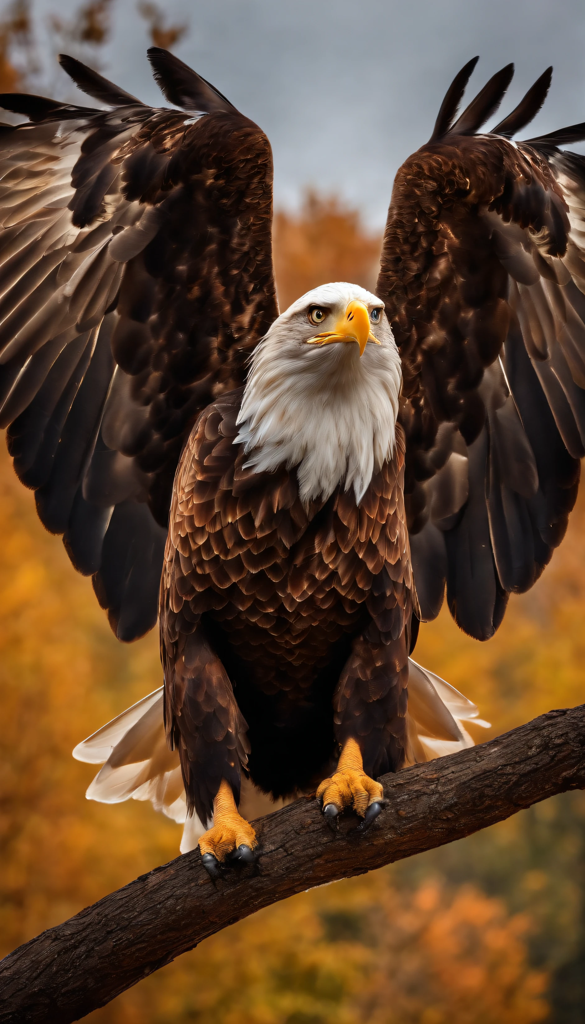 An eagle with spread wings，There is a beautiful tree next to it