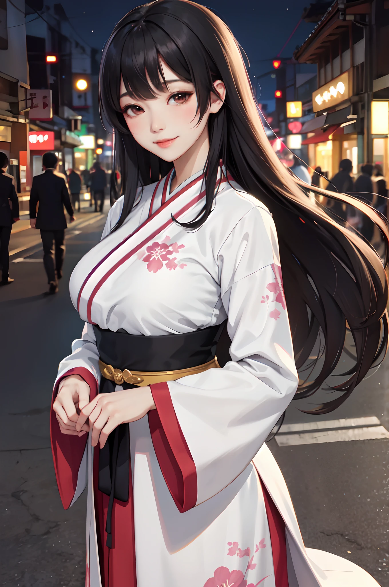 1lady solo, hanbok, mature female, /(black hair/) bangs, blush kind smile, (masterpiece best quality:1.2) delicate illustration ultra-detailed, large breasts BREAK /(streets of Seoul/) night