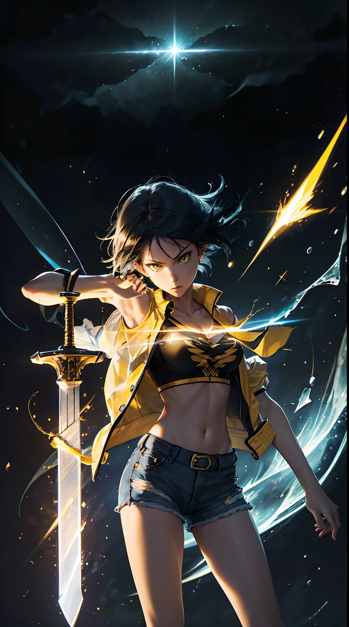 Woman, fight pose, Baddas stare,Hold a yellow sword with a yellow lightning emblem, yellow short wispy Pixie hair, yellow eyes, yellow short shirt, black hotpants jeans, black Jacket sweater ,In the middle of the shirt there is an omega symbol,HD lighting and dark )<=(epic image quality)dark atmosphere with bright particle light(many effects in background)