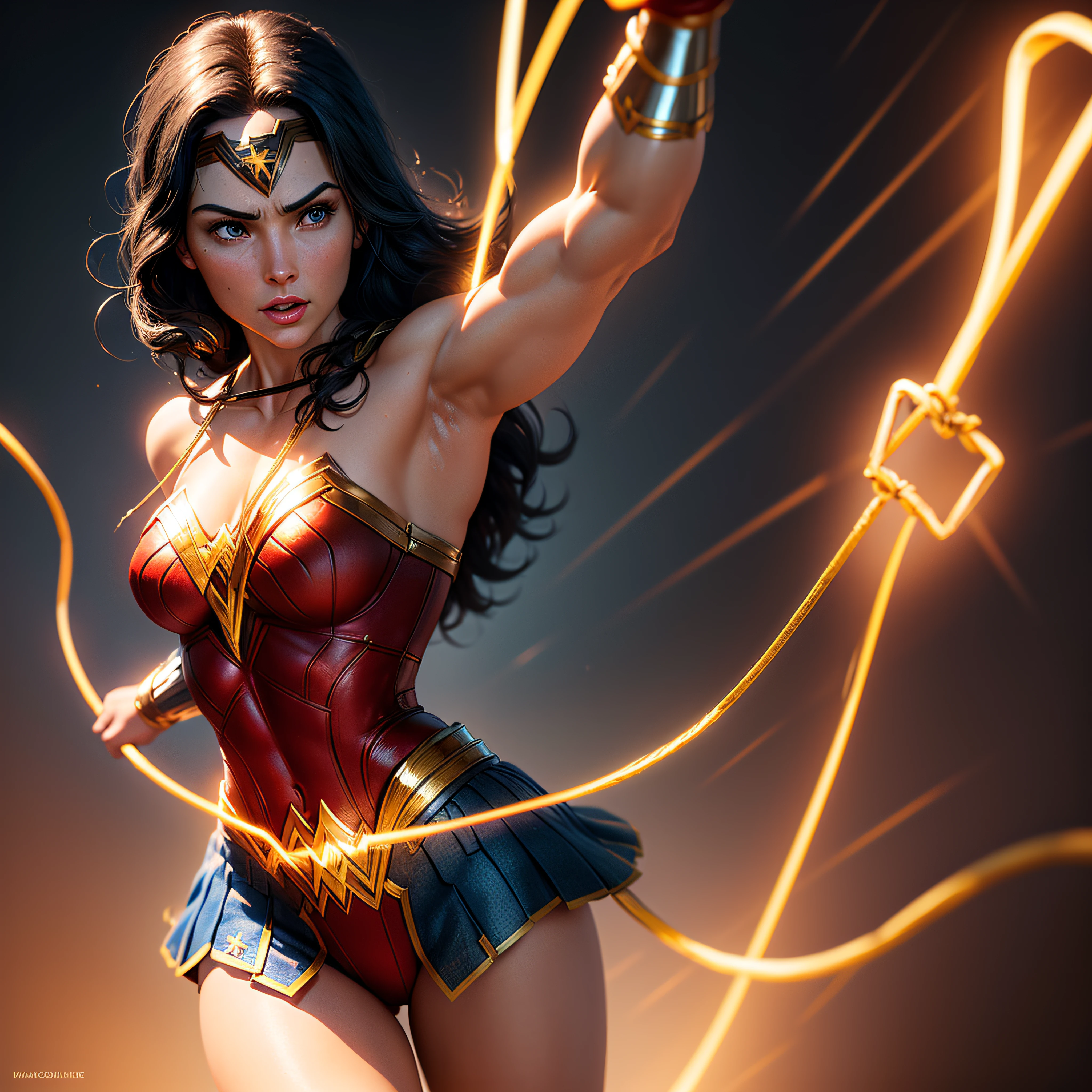 Wonder Woman with her (((glowing Lasso of Truth))), Muscular body, Battle pose, photo-realistic, octane render, unreal engine, ultra-realistic