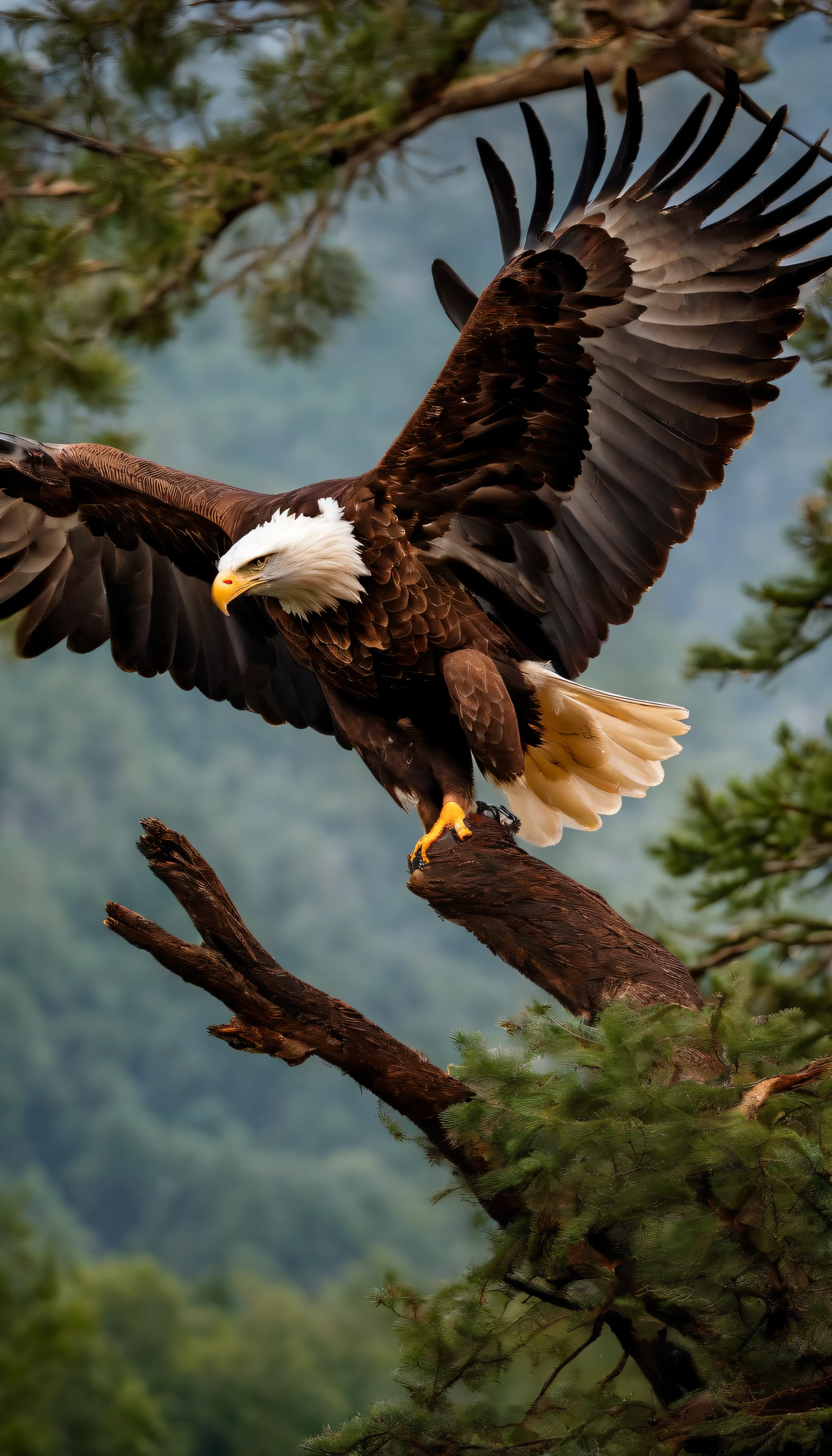 An eagle with spread wings，There is a beautiful tree next to it