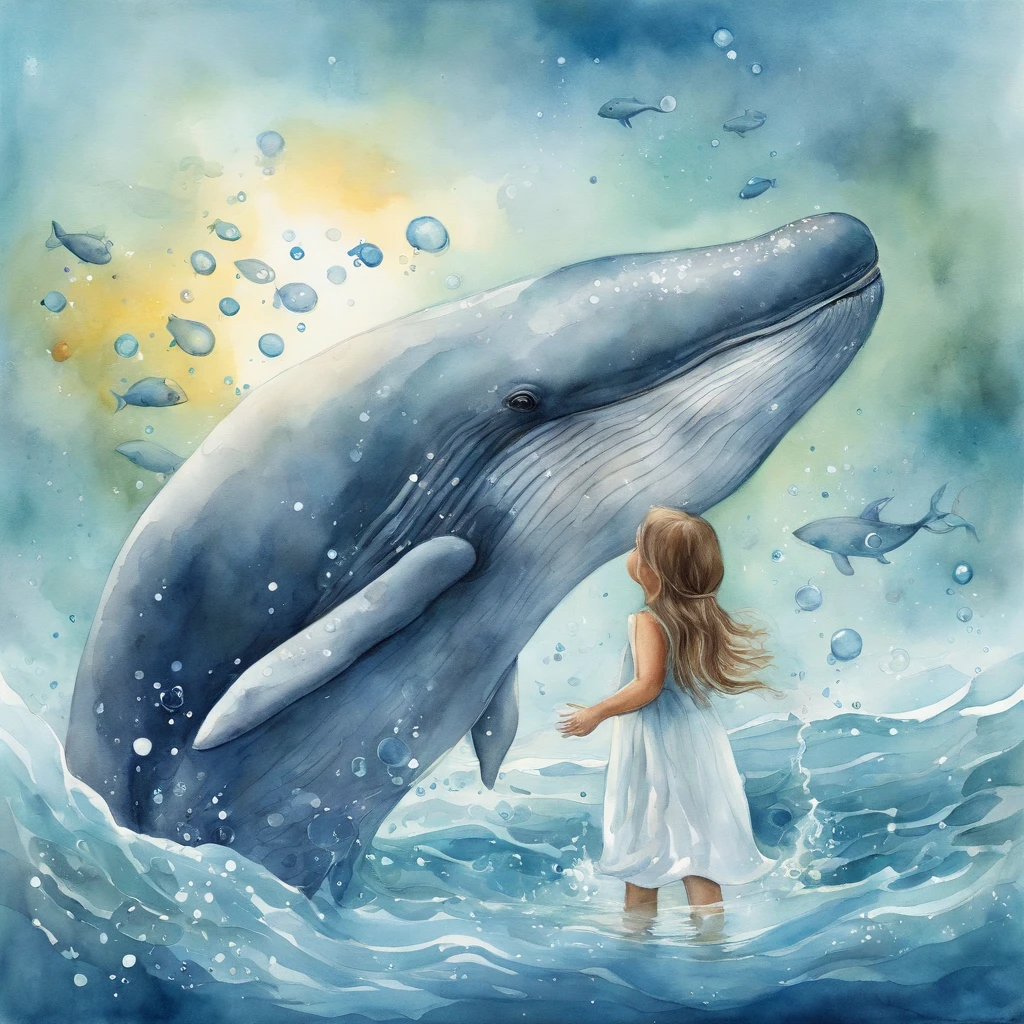 Children's book illustration:Girl in white swimming with whales at the bottom of the sea,The whale jumped out, The bubbles around the surface of the water slowly rise,Sunlight slanting, prime time,