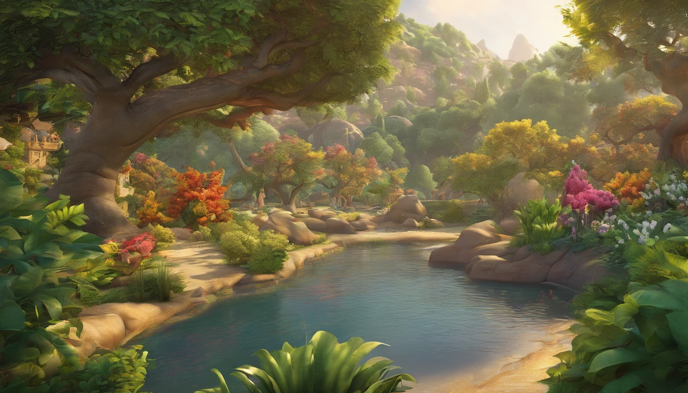 "Create a 3D illustration of the Garden of Eden: A panoramic image of the beautiful garden where Adam and Eve lived, featuring lush fruit-bearing trees, a variety of animals, and a winding river. Capture the idyllic essence of this paradise, with vibrant flora and fauna coexisting harmoniously. Pay attention to intricate details in the foliage, the graceful movement of the river, and the presence of both common and exotic creatures. The scene should be bathed in soft, natural light, emphasizing the serene and peaceful nature of this biblical setting."