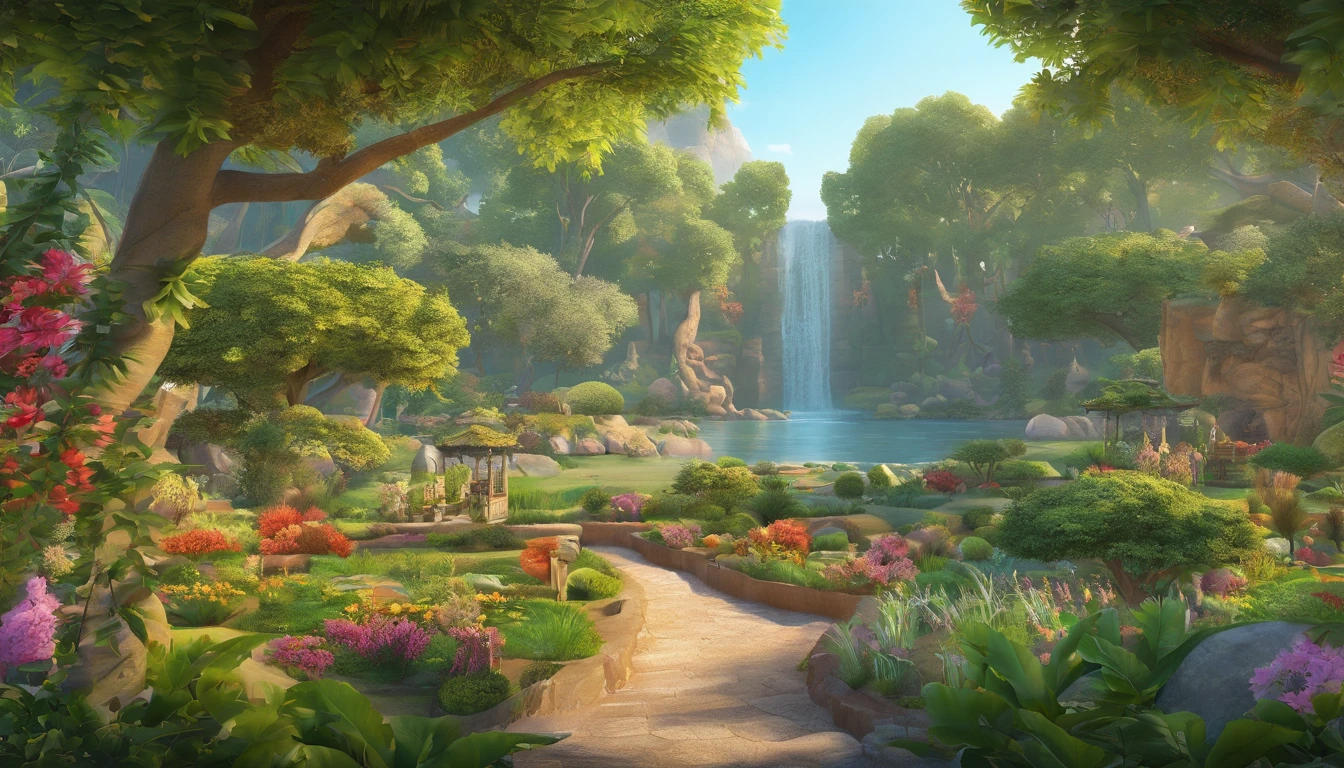 "Create a 3D illustration of the Garden of Eden: A panoramic image of the beautiful garden where Adam and Eve lived, featuring lush fruit-bearing trees, a variety of animals, and a winding river. Capture the idyllic essence of this paradise, with vibrant flora and fauna coexisting harmoniously. Pay attention to intricate details in the foliage, the graceful movement of the river, and the presence of both common and exotic creatures. The scene should be bathed in soft, natural light, emphasizing the serene and peaceful nature of this biblical setting."