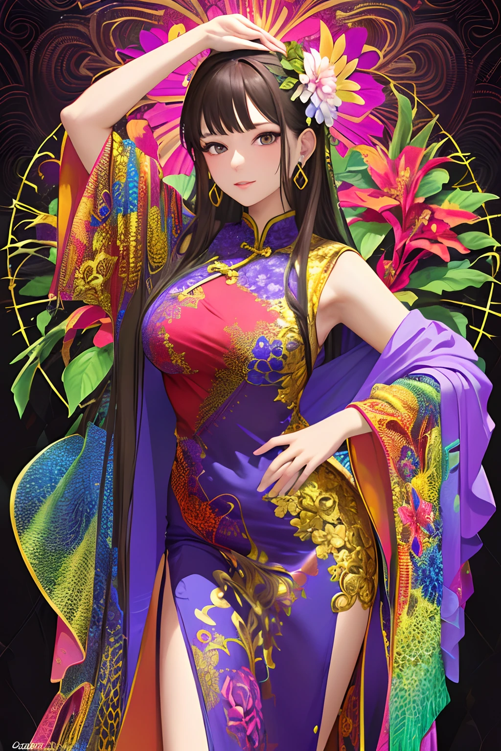 (masterpiece, top quality, best quality, official art, beautiful and aesthetic:1.2), (1girl:1.3), extremely detailed,(fractal art:1.1),(colorful:1.1)(flowers:1.3),highest detailed,(zentangle:1.2), (dynamic pose), (abstract background:1.3), (chinese dress:1.2), (shiny skin), (many colors:1.4), ,(earrings:1.4),