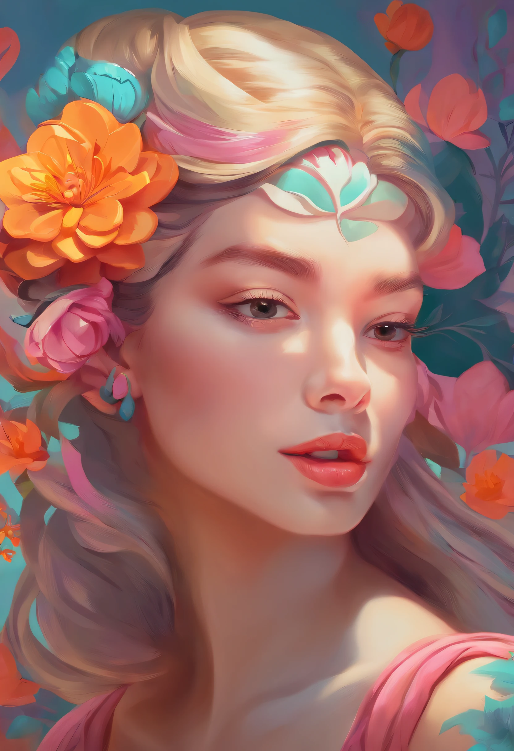 a close up of a woman with a flower in her hair, staring right into camera，trending on artstration, girl with a flower face, glossy digital painting, Digital painting style, Beautiful digital illustration,The look of laughter. rich and vivid colors, beautiful digital painting, stunning art style, beautiful digital art, [ 4 K digital art ]!!, high quality digital painting, high quality portrait