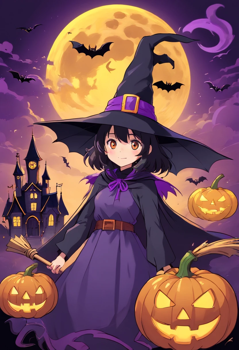 Halloween Elements, Digital Art: Black bat, Spooky pumpkin ghost, Spooky Moon, Ghost Broom, Purple Line Witch Talking Hat, Spider with yellow and black stripes, Witch's Castle, Magic black background, Minimalistic images with exclusive sticker illustrations