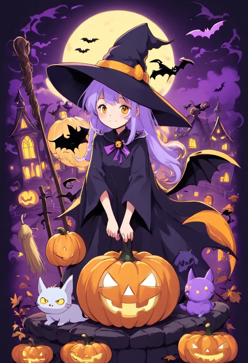 Halloween Elements, Digital Art: Black bat, Spooky pumpkin ghost, Spooky Moon, Ghost Broom, Purple Line Witch Talking Hat, Spider with yellow and black stripes, Witch's Castle, Magic black background, Minimalistic images with exclusive sticker illustrations