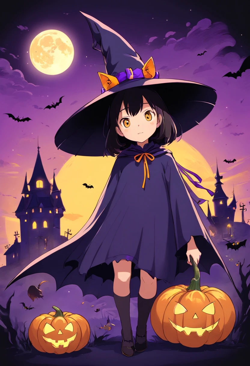 Halloween Elements, Digital Art: Black bat, Spooky pumpkin ghost, Spooky Moon, Ghost Broom, Purple Line Witch Talking Hat, Spider with yellow and black stripes, Witch's Castle, Magic black background, Minimalistic image with exclusive sticker illustration