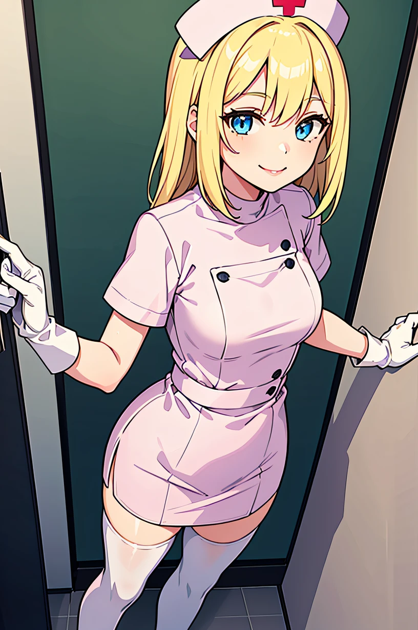 1woman, solo, nurse, white nurse cap, white nurse uniform, ((white legwear, zettai ryouiki)), white gloves, blonde hair, blue eyes, pink lips, smile, standing, ((hospital room)), sharp outline, short sleeves, mature female, 35 years old, best quality, masterpiece