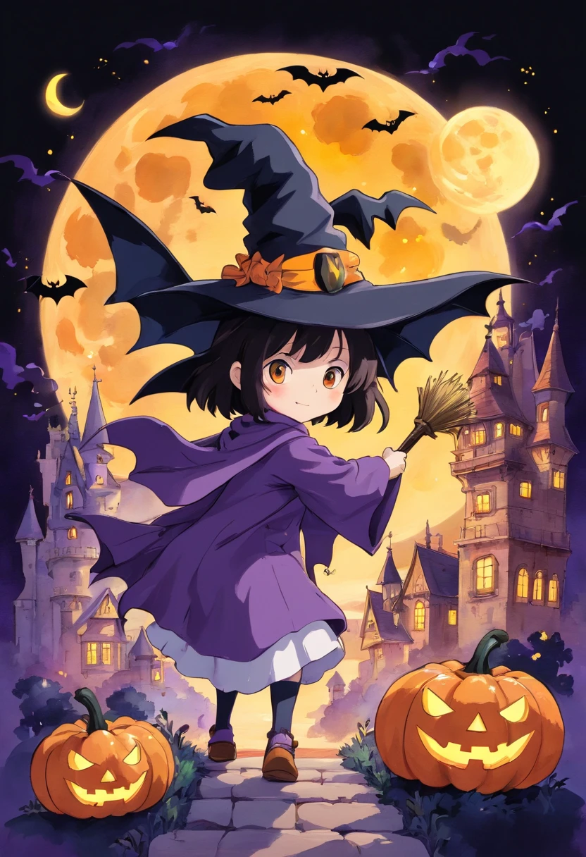 Halloween Elements, Watercolor art: Black bat, Ghost Pumpkin Ghost, Ghost Moon, Ghost Broom, Purple Talking Hat Witch, Spider with yellow and black stripes, Witch's Castle, Magic black background, Simple images with special sticker illustrations