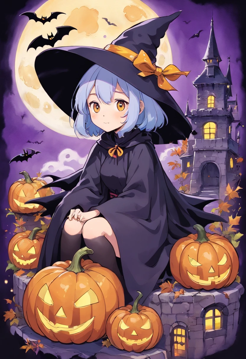 Halloween Elements, Watercolor art: Black bat, Ghost Pumpkin Ghost, Ghost Moon, Ghost Broom, Purple Talking Hat Witch, Spider with yellow and black stripes, Witch's Castle, Magic black background, Simple images with special sticker illustrations