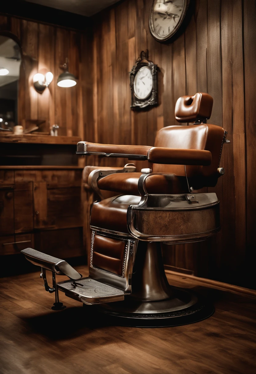 Um barbeiro cortando o cabelo de um cliente, em uma barbearia moderna, com espelhos grandes na parede, in a retro barber chair, rustic wooden waiting benches, piso quadriculado preto e branco, Realistic image, sharped image, rustic colors.